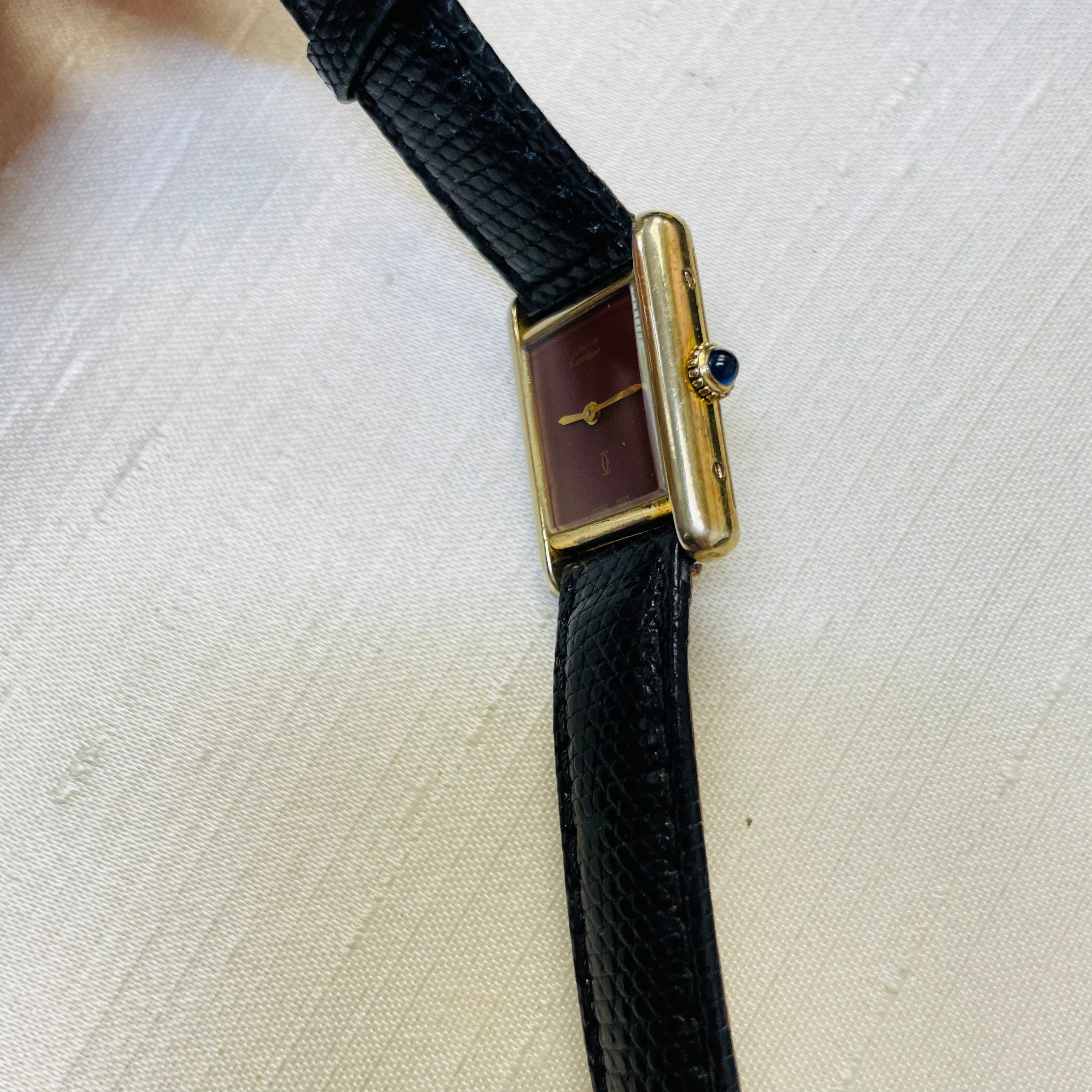 Must de Cartier Wine Face and Strap Tank Watch 23mm.