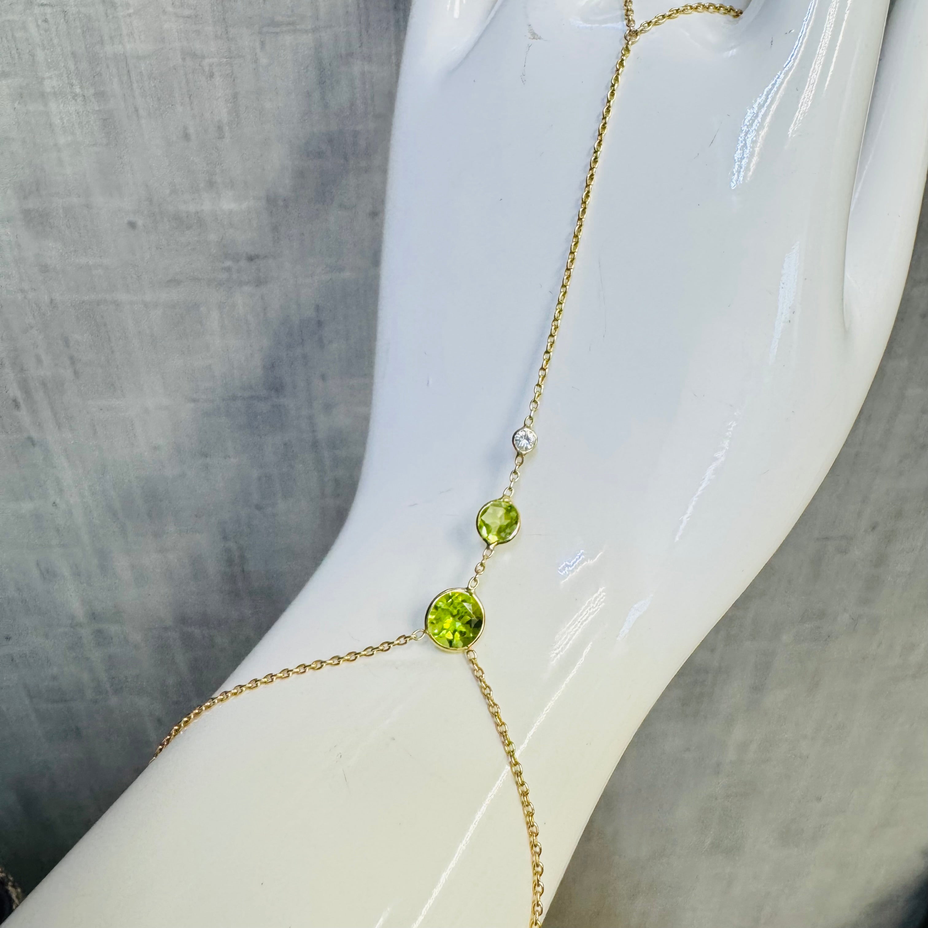 Diamond Peridot HandChain in solid 14k Yellow Gold