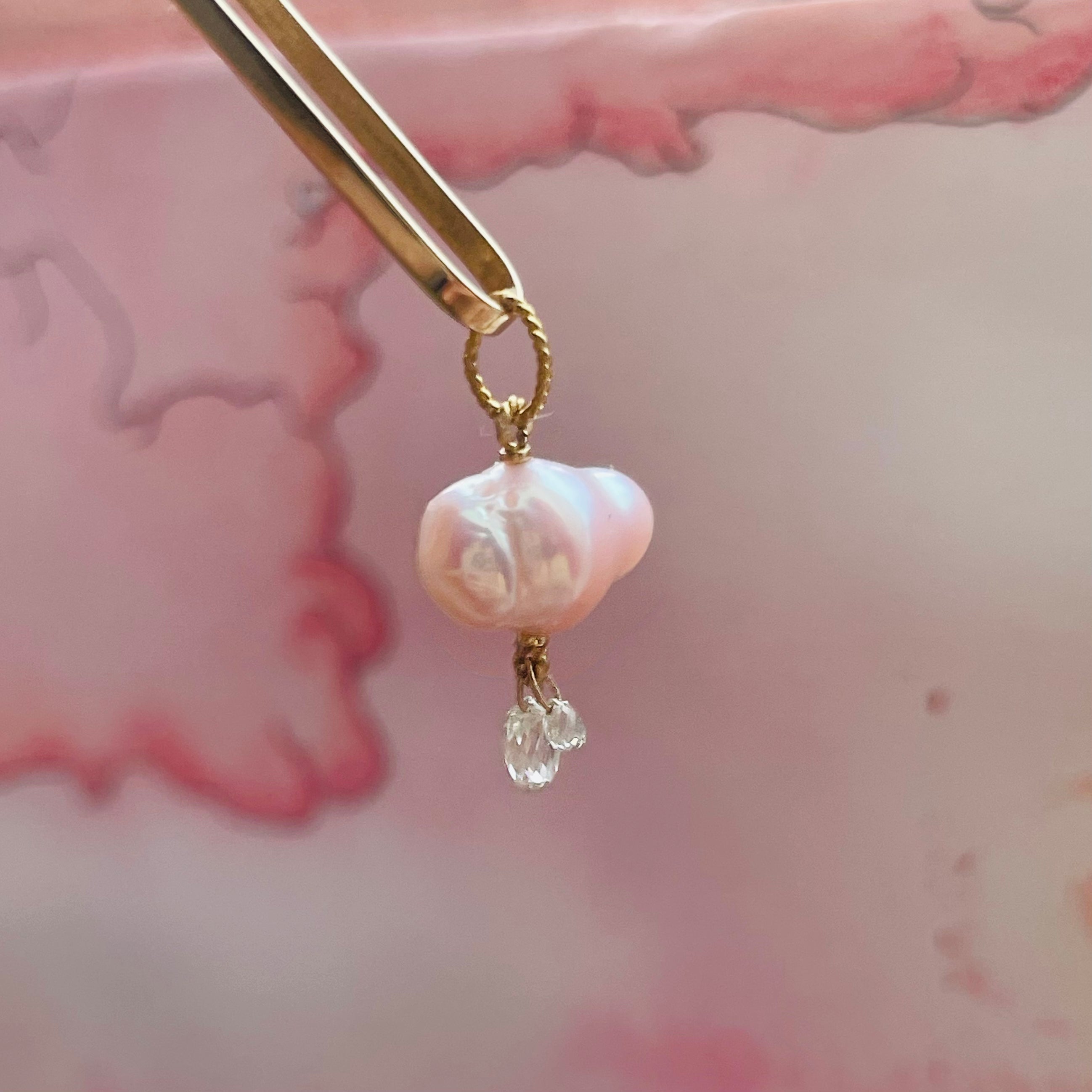Pink Japanese Pearl and Briolette Diamond Cloud Charm