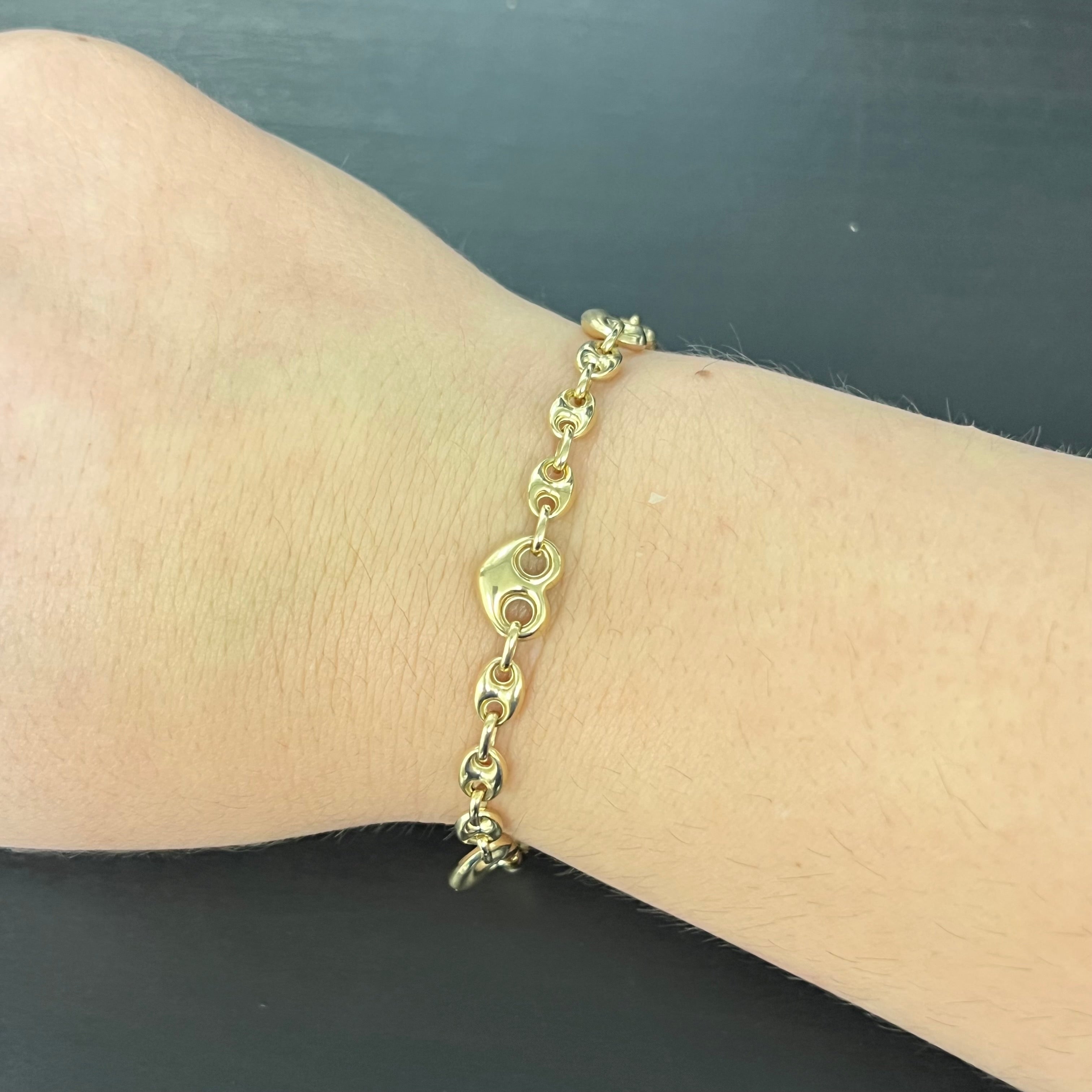 Puffy Heart 10K Yellow Gold Heart Link Bracelet