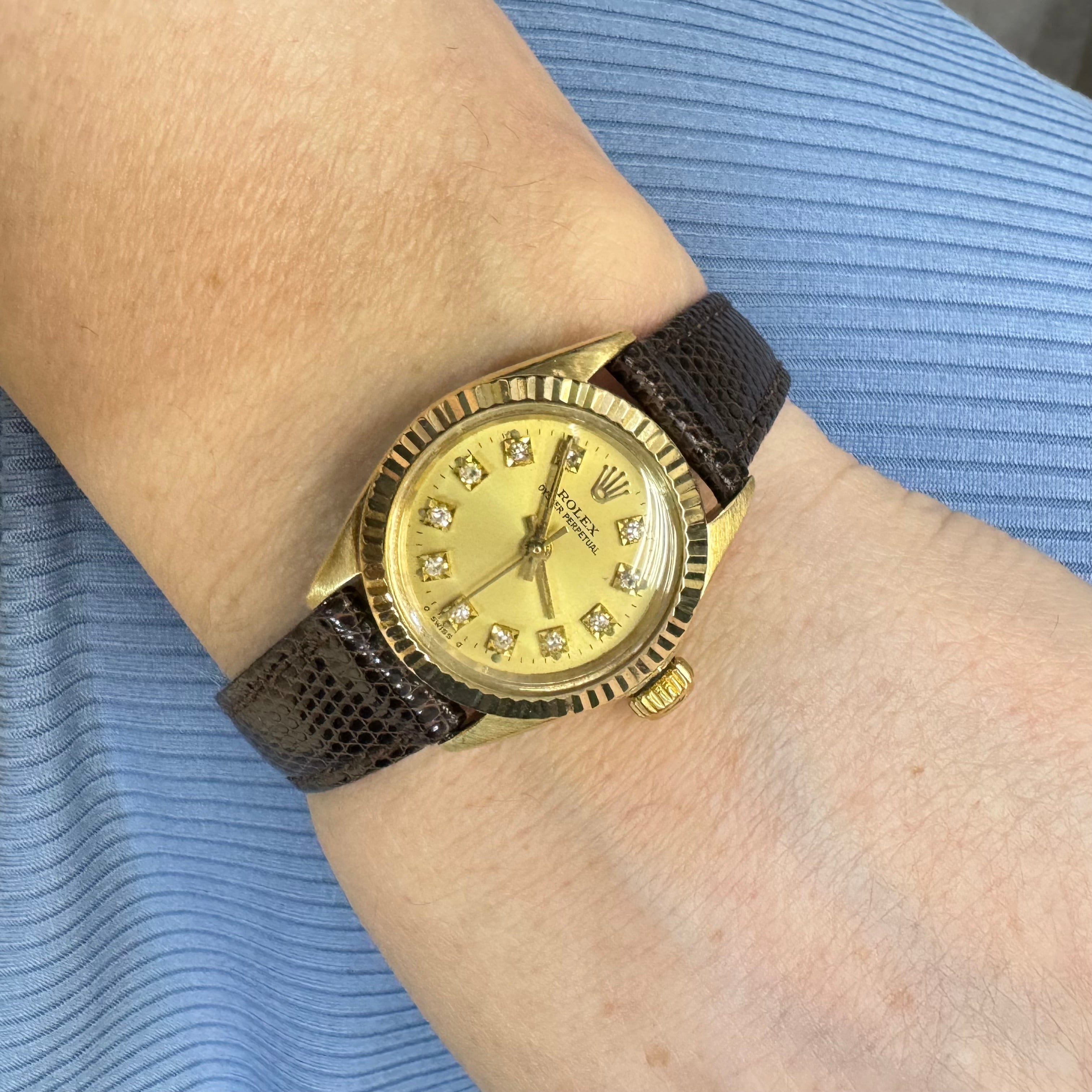 Vintage Ladies 26MM Diamond Dial and Leather Band Rolex Watch