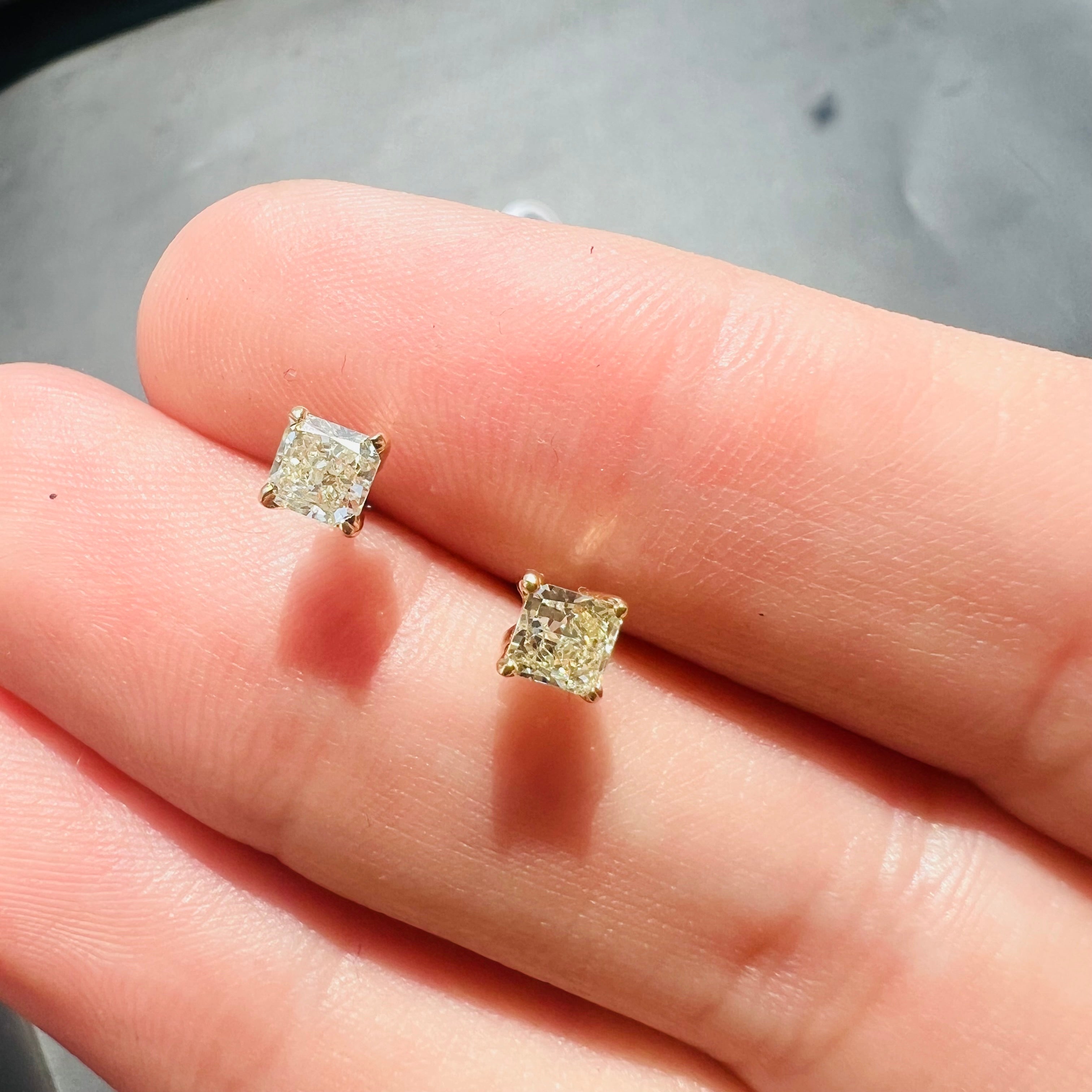 14K Yellow Gold Square Diamond Earring Studs
