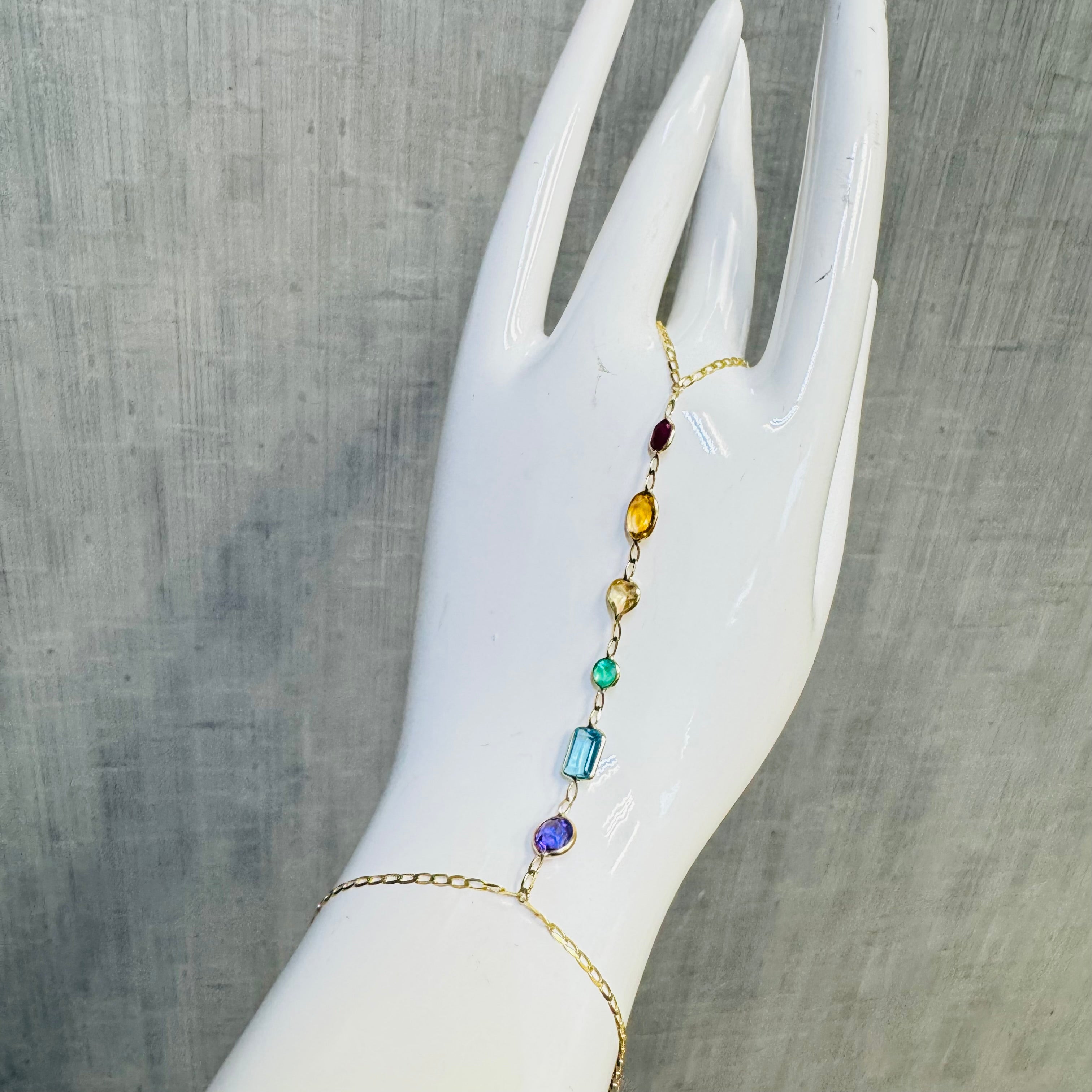14K Yellow Gold Rainbow Gem Handchain