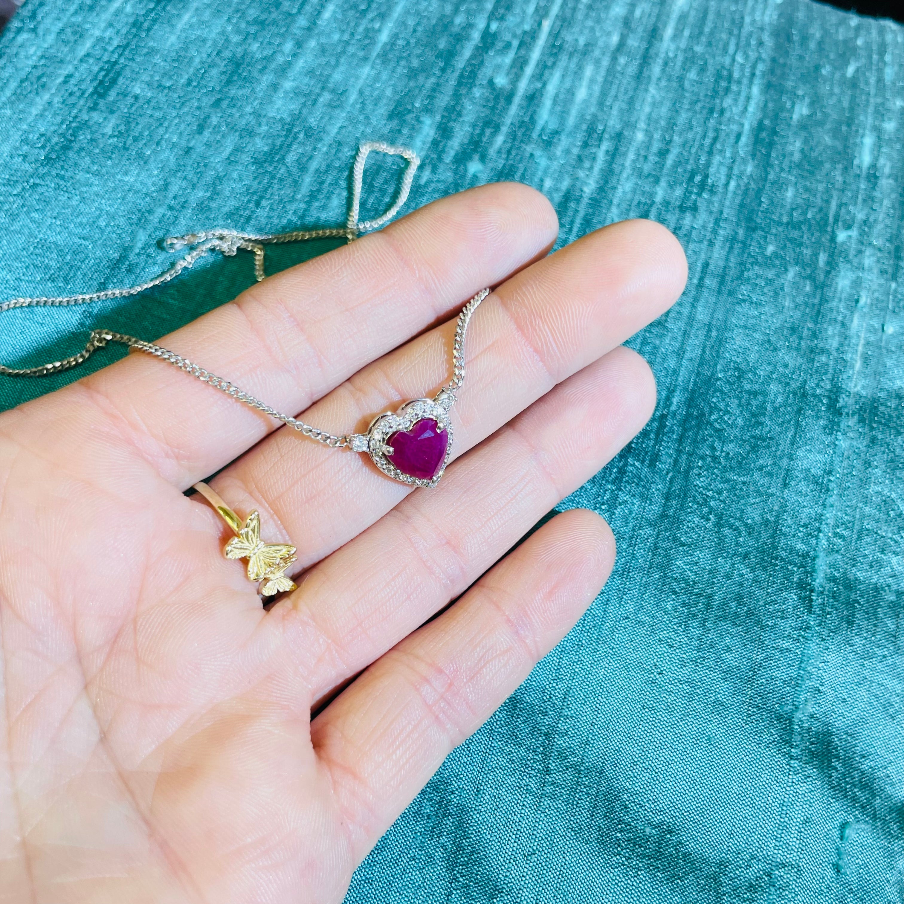 2CT Natural Ruby and Diamond Halo Heart 14K White Gold Solitaire Necklace
