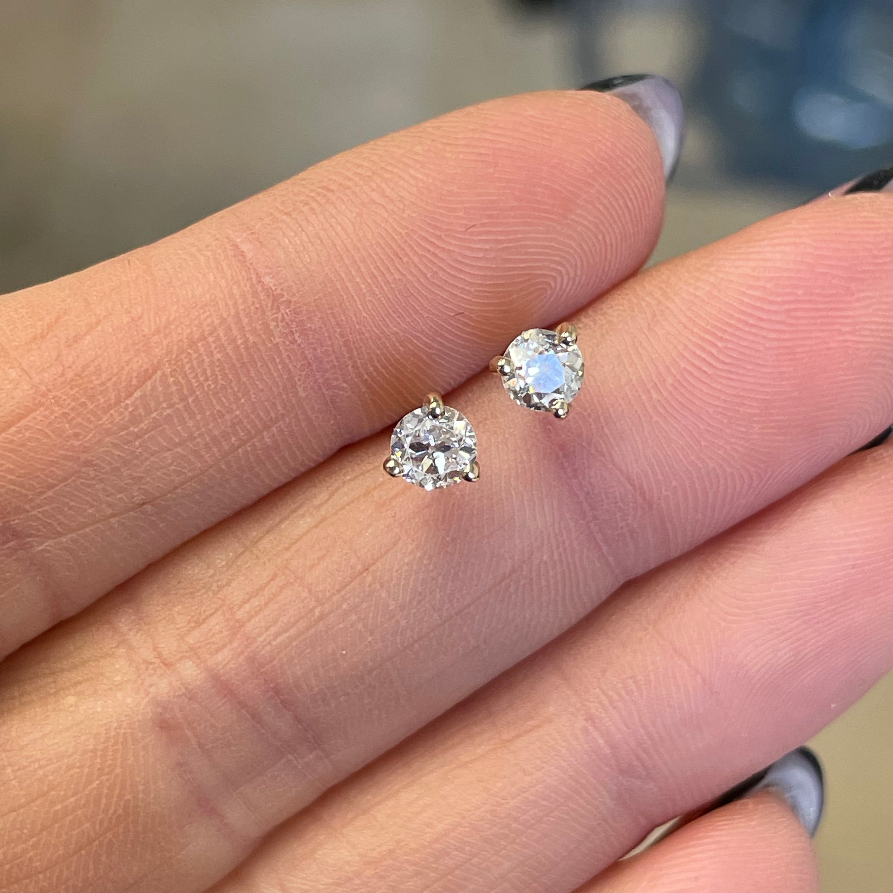 .64CTW Round Old Mine Diamond Stud Earrings 14K Yellow Gold