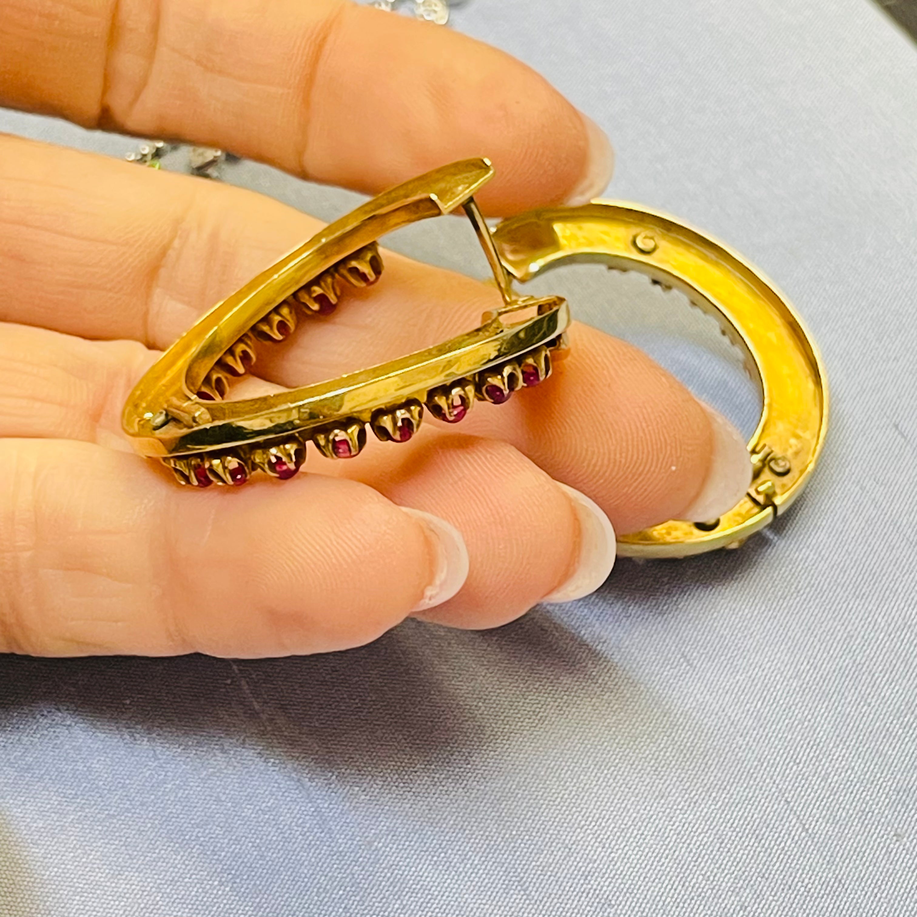 Amazing Natural Burma Ruby Cabochon Antique Victorian Hinged Hoop Earrings