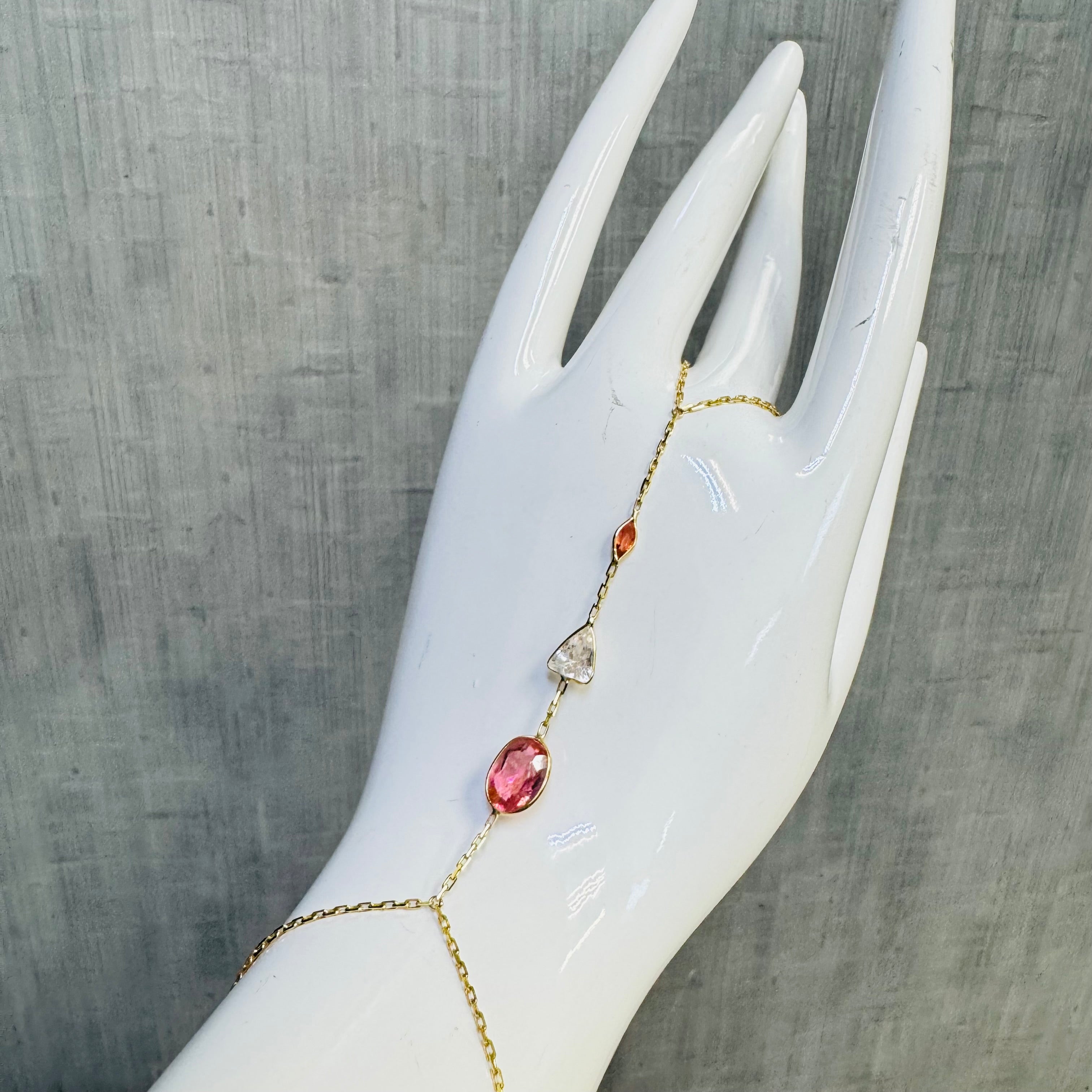 14K Yellow Gold Peach Sapphire and Tourmaline Handchain
