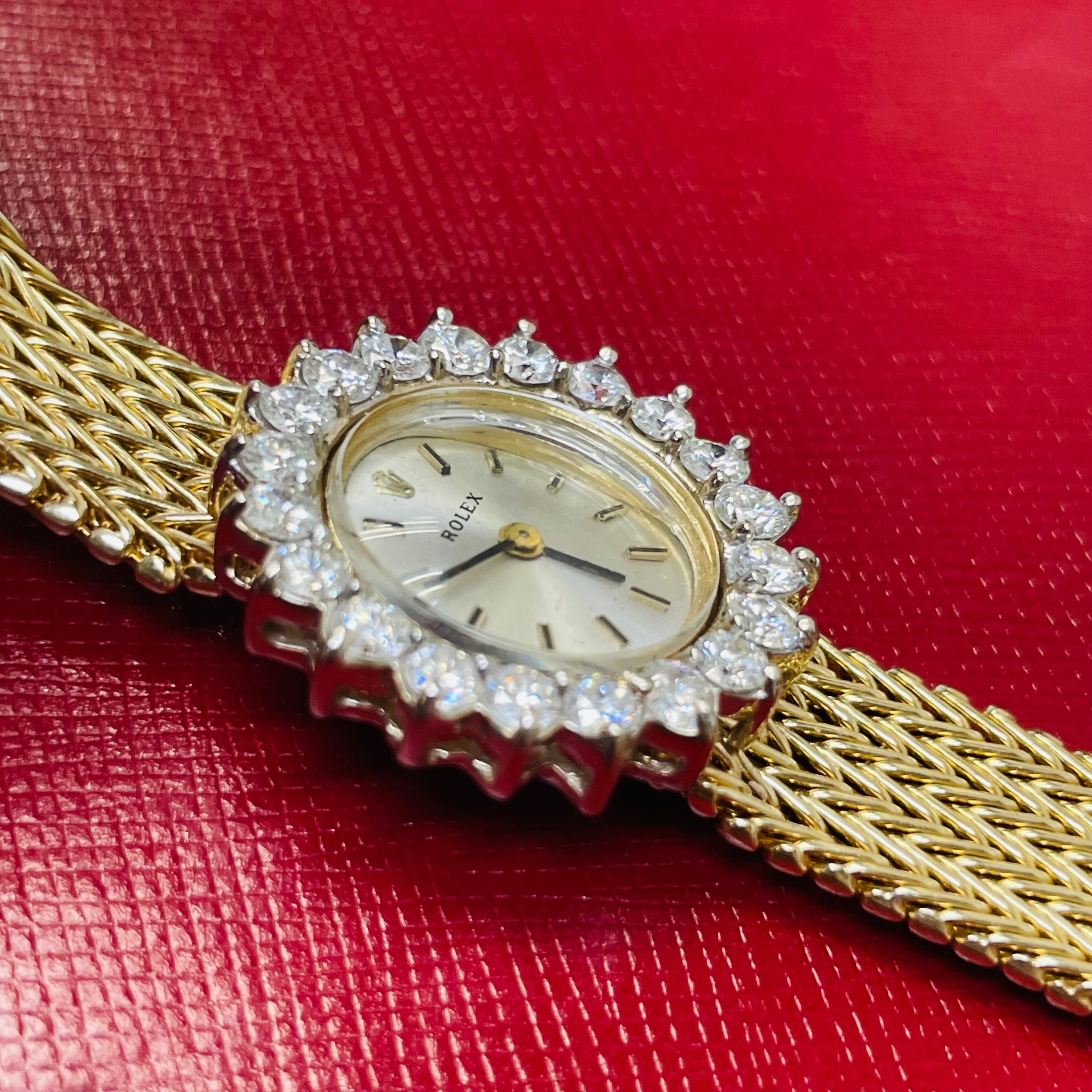 25mm Vintage Ladies Rolex Wristwatch with Factory Diamond Halo Bezel in Solid 14K Yellow Gold