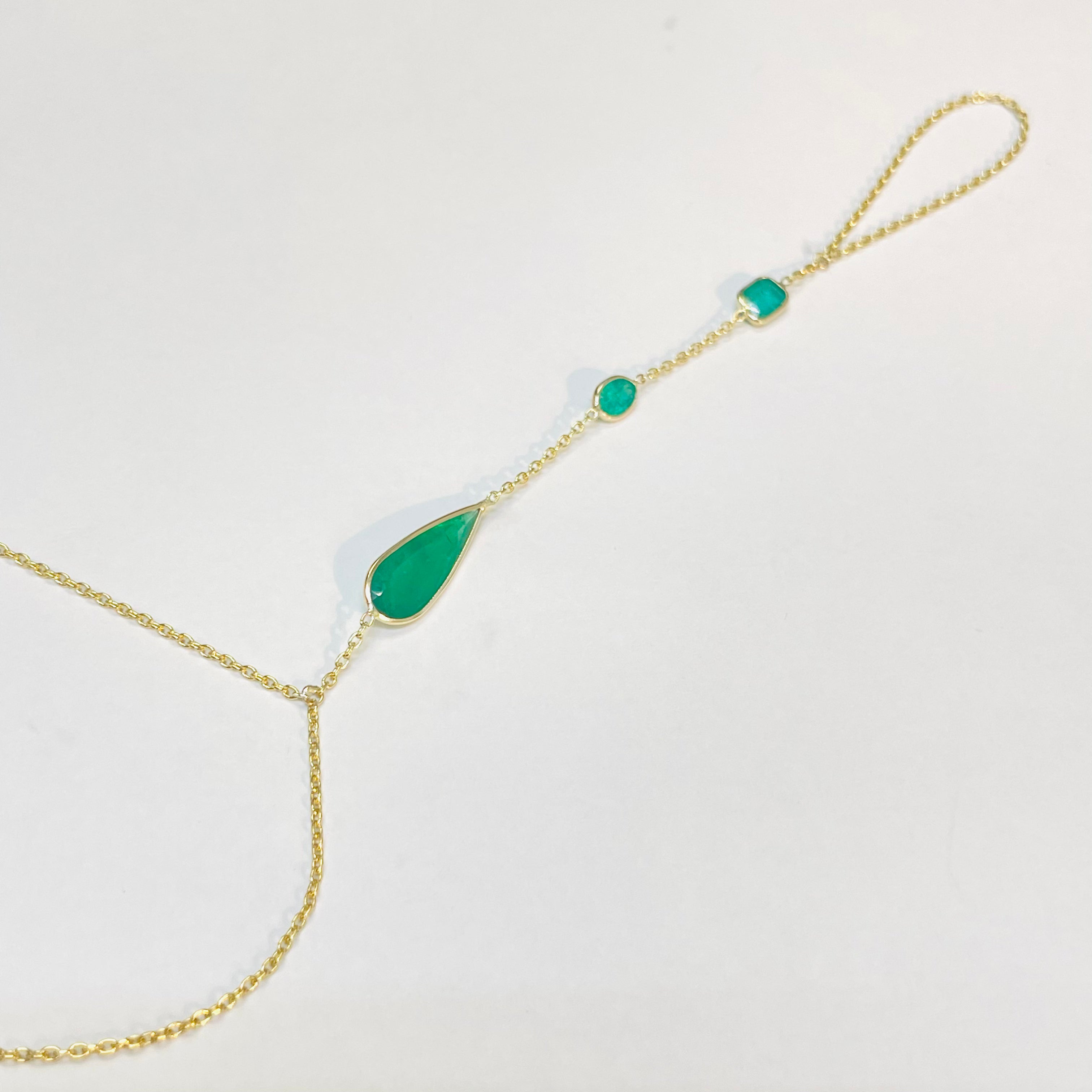14k Yellow Gold 3 Stone Colombian Emerald Handchain