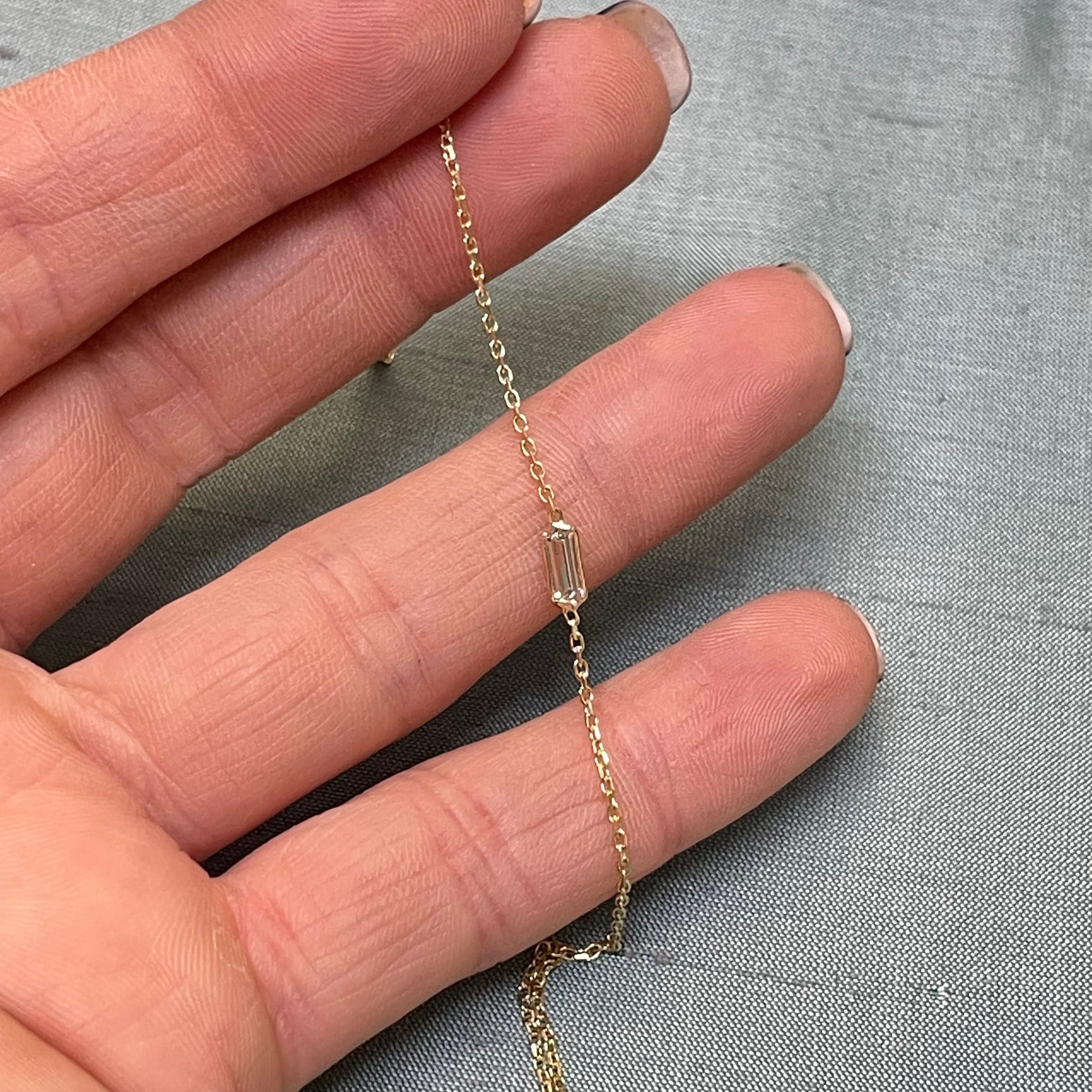Long Baguette Diamond Solid 14K Yellow Gold Handchain Bracelet