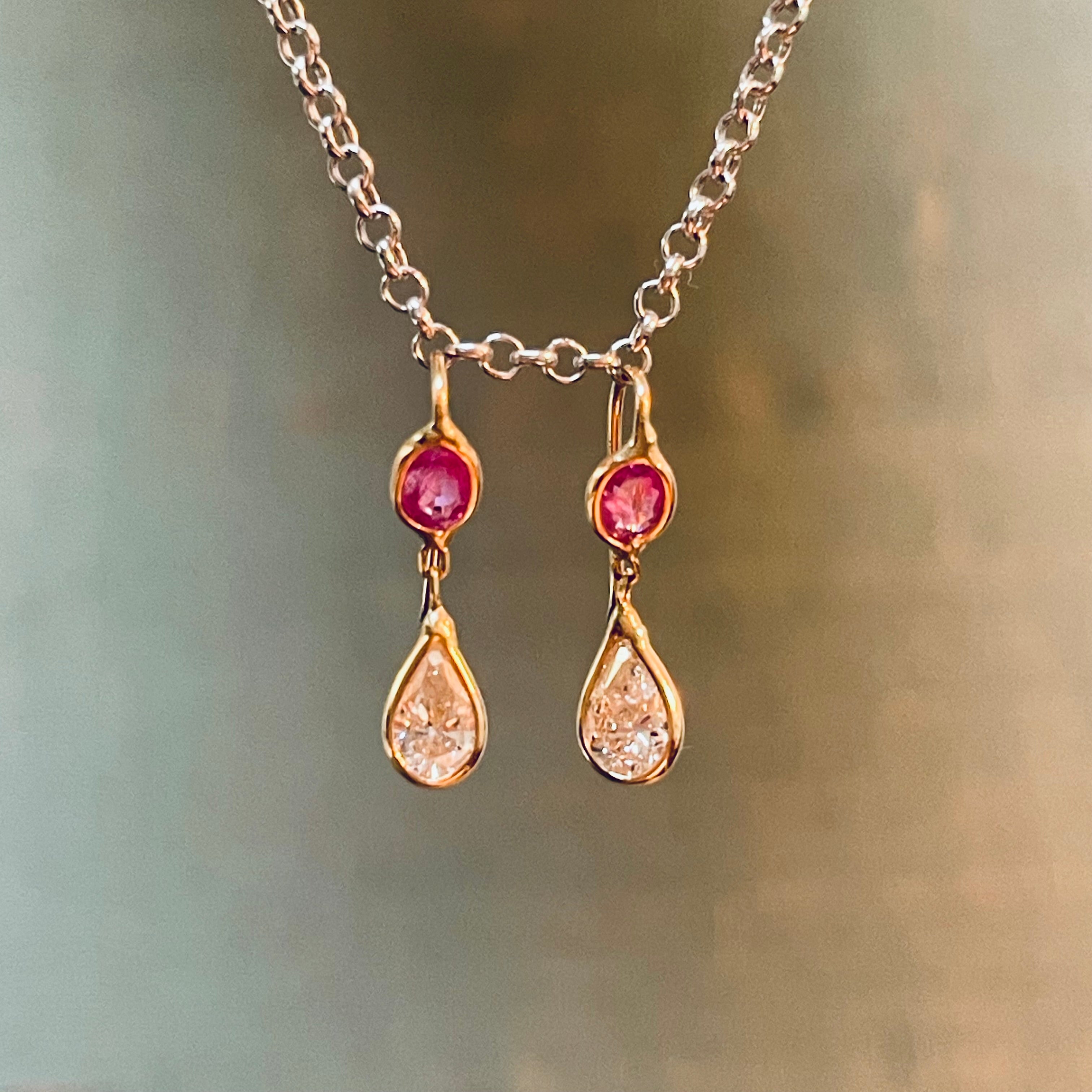 Diamond Bezeled Pear and Pink Sapphire 14K Yellow  Gold Dangling Earrings
