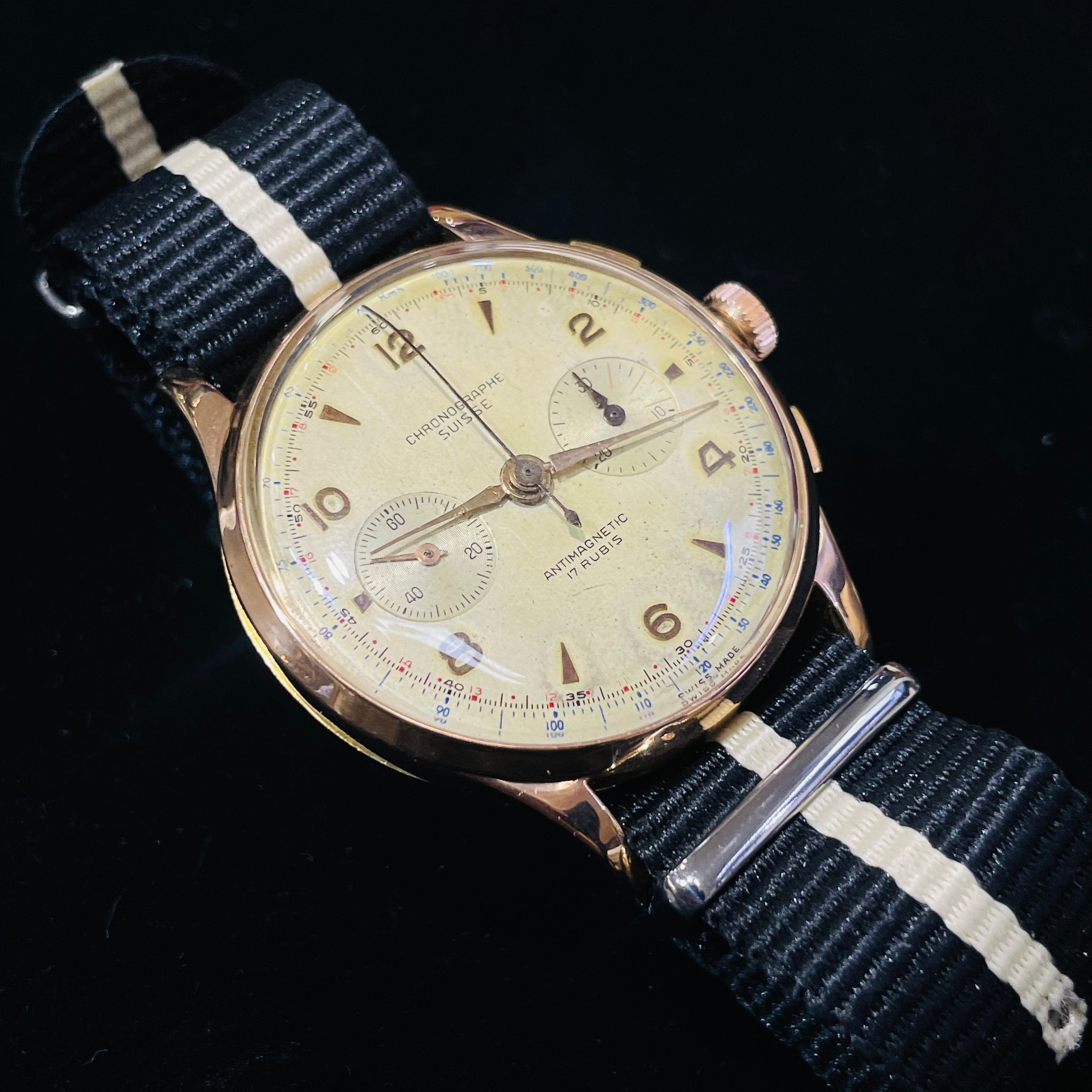 38mm Solid 18K Rose Gold Azur Chronographe Suisse Watch Bubble Back