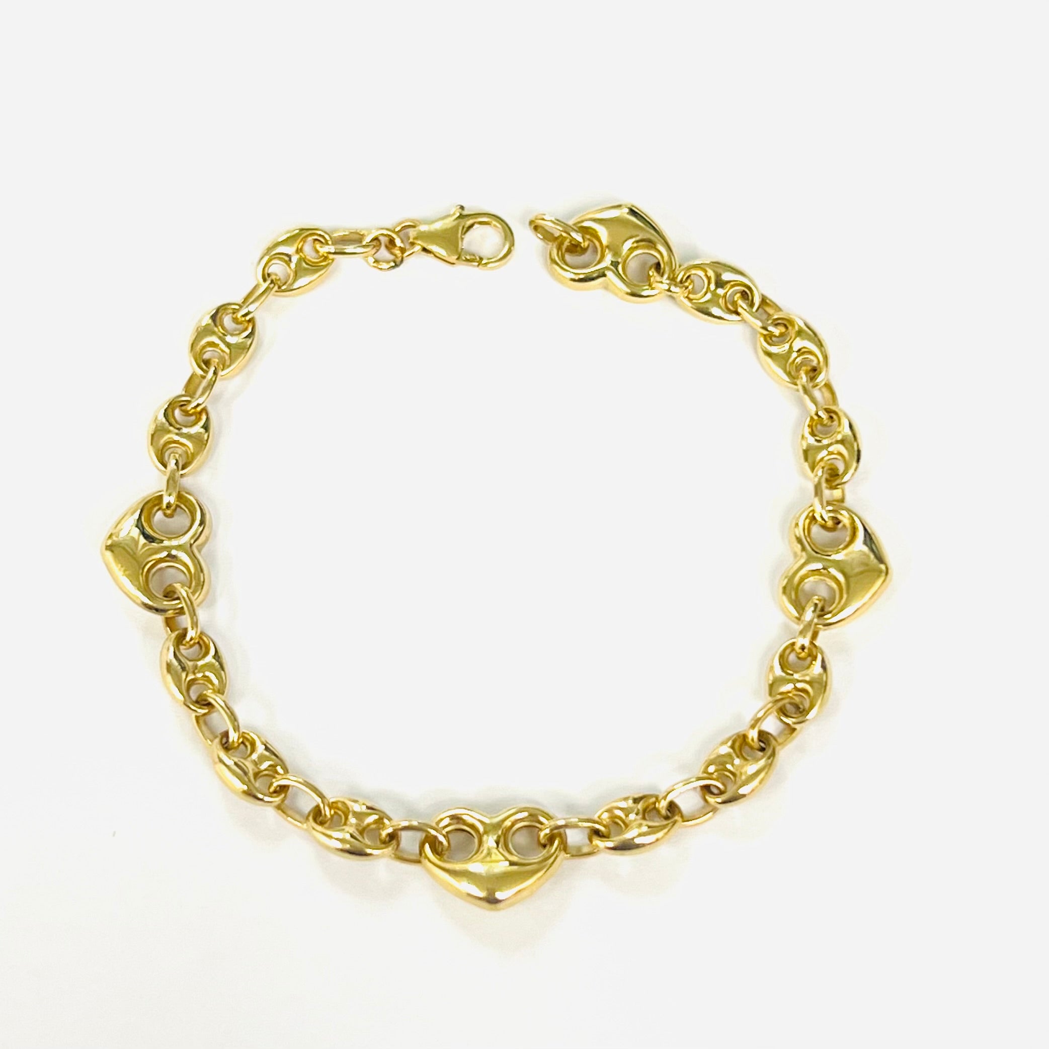 Puffy Heart 10K Yellow Gold Heart Link Bracelet