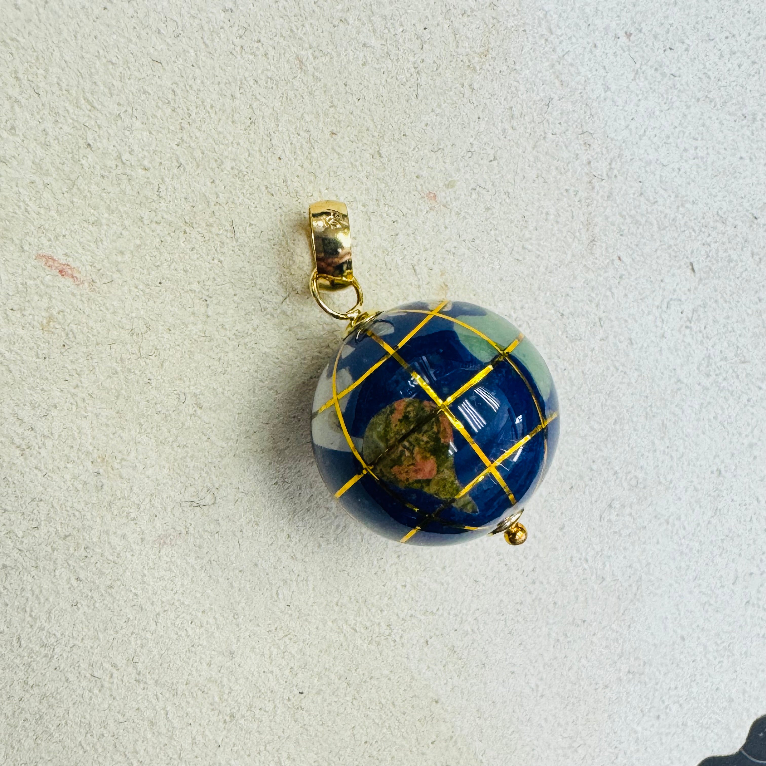 14K Yellow Gold Lapis And Gemstone Inlay Globe Charm Pendant 15mm