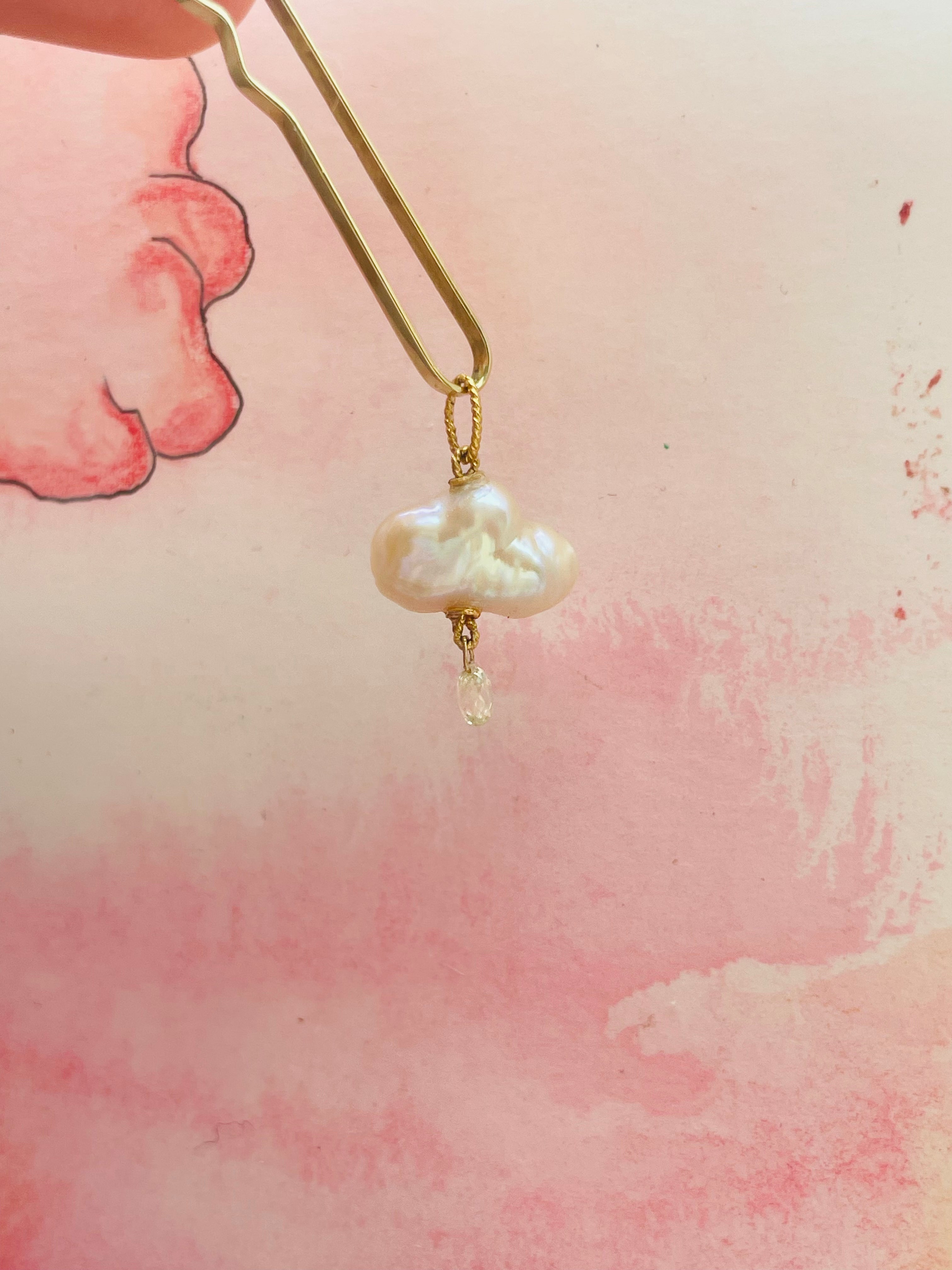 Japanese Pearl and Briolette Diamond Cloud Charm