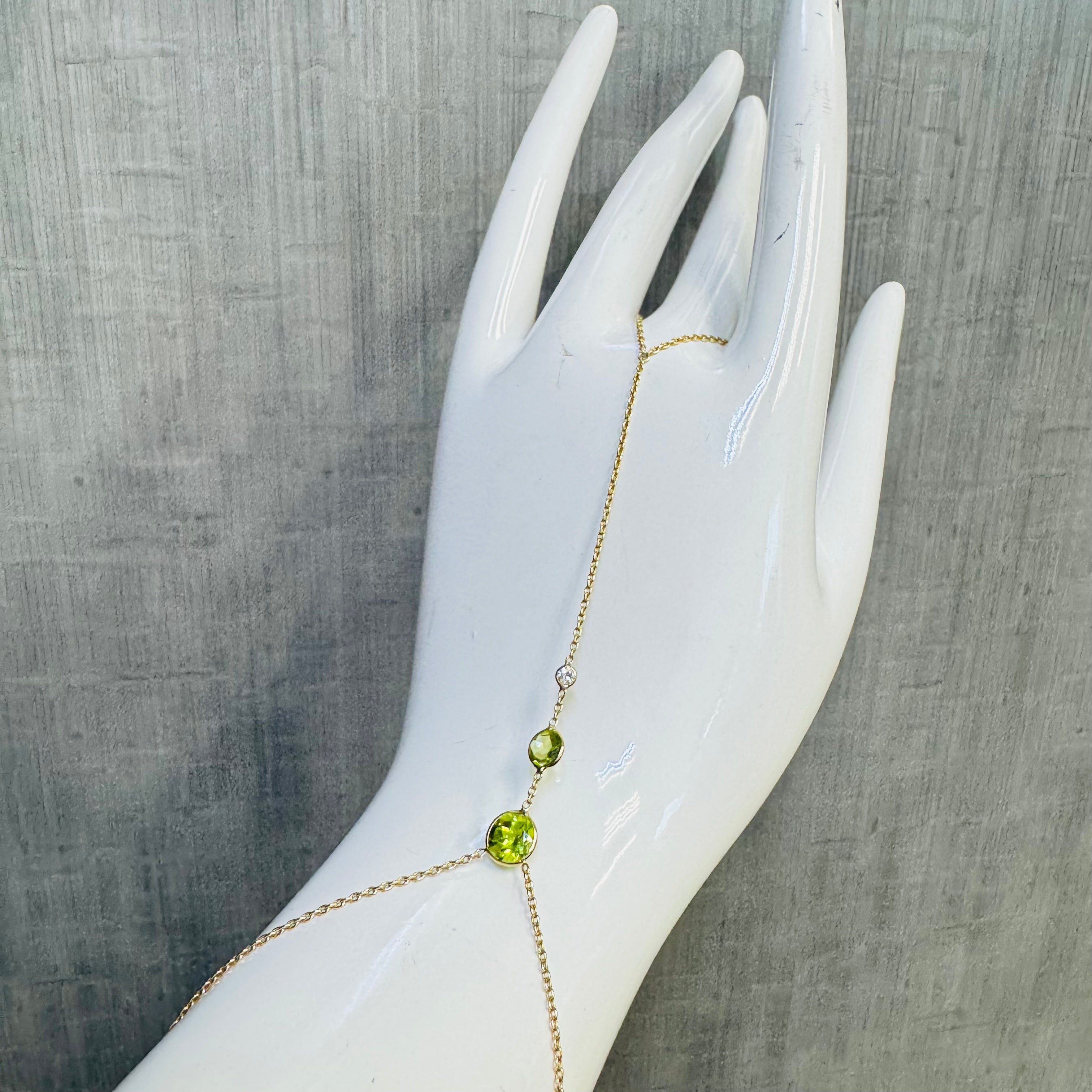 Diamond Peridot HandChain in solid 14k Yellow Gold