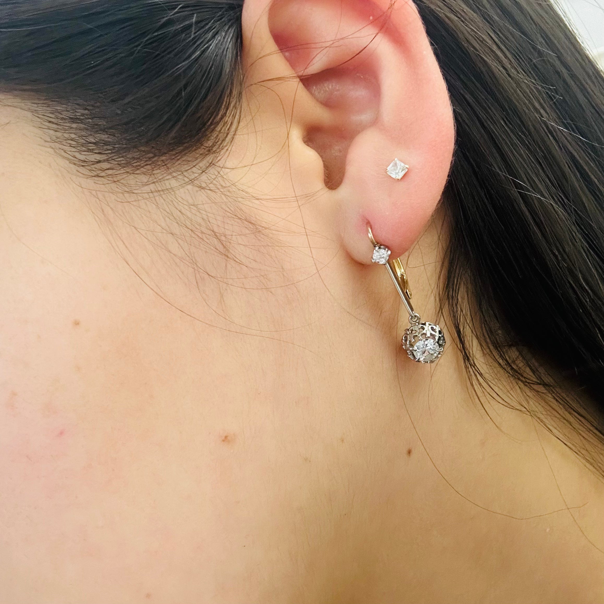 18K Yellow Gold & Platinum Vintage Diamond Drop Earrings