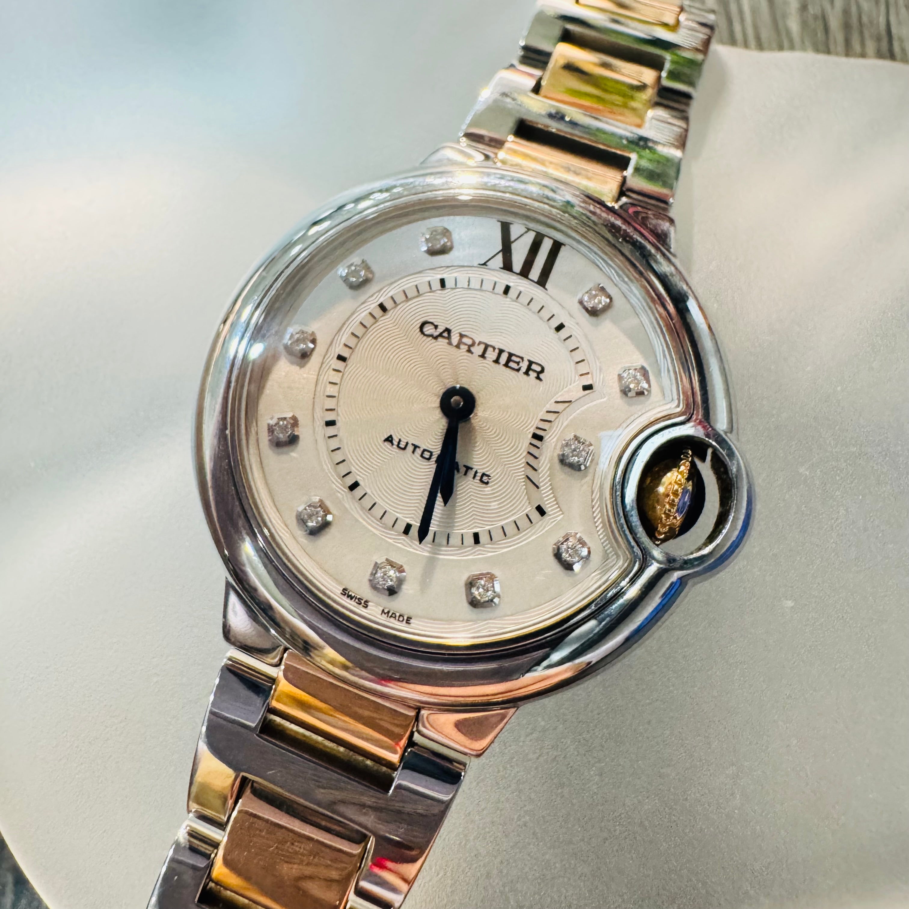 Cartier 33mm Rose Gold And Stainless Steel Diamond Ballon Bleu Watch