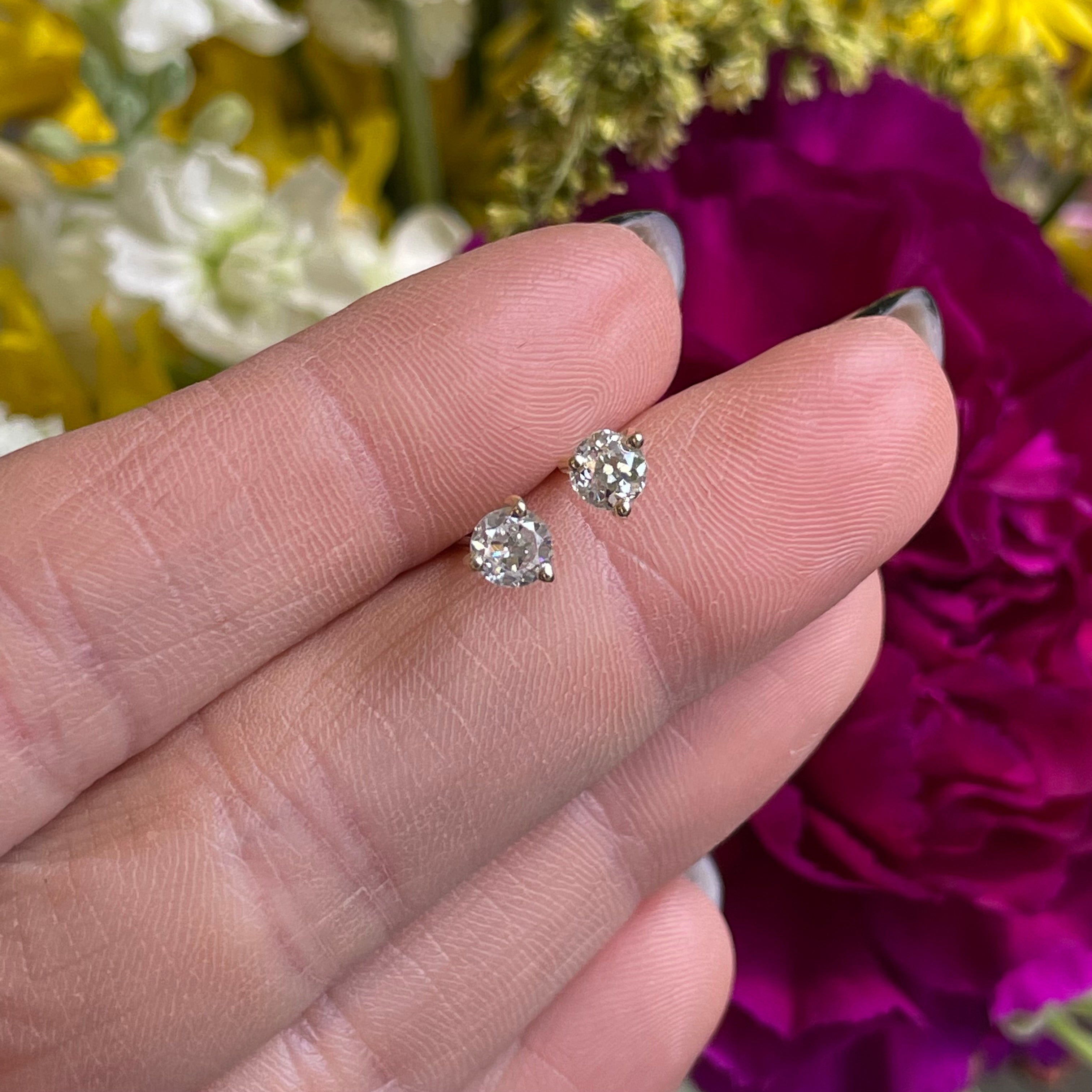 .64CTW Round Old Mine Diamond Stud Earrings 14K Yellow Gold