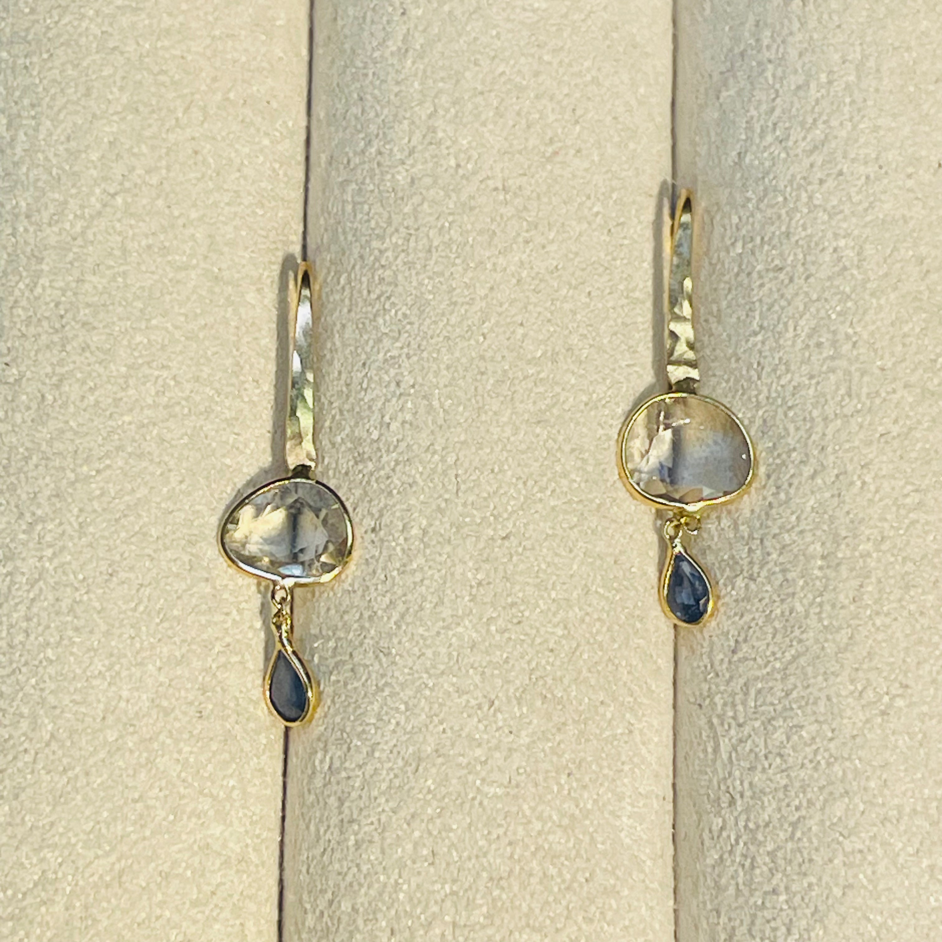 White and Blue Sapphire Rain Cloud 14K Yellow Gold Drop Earrings