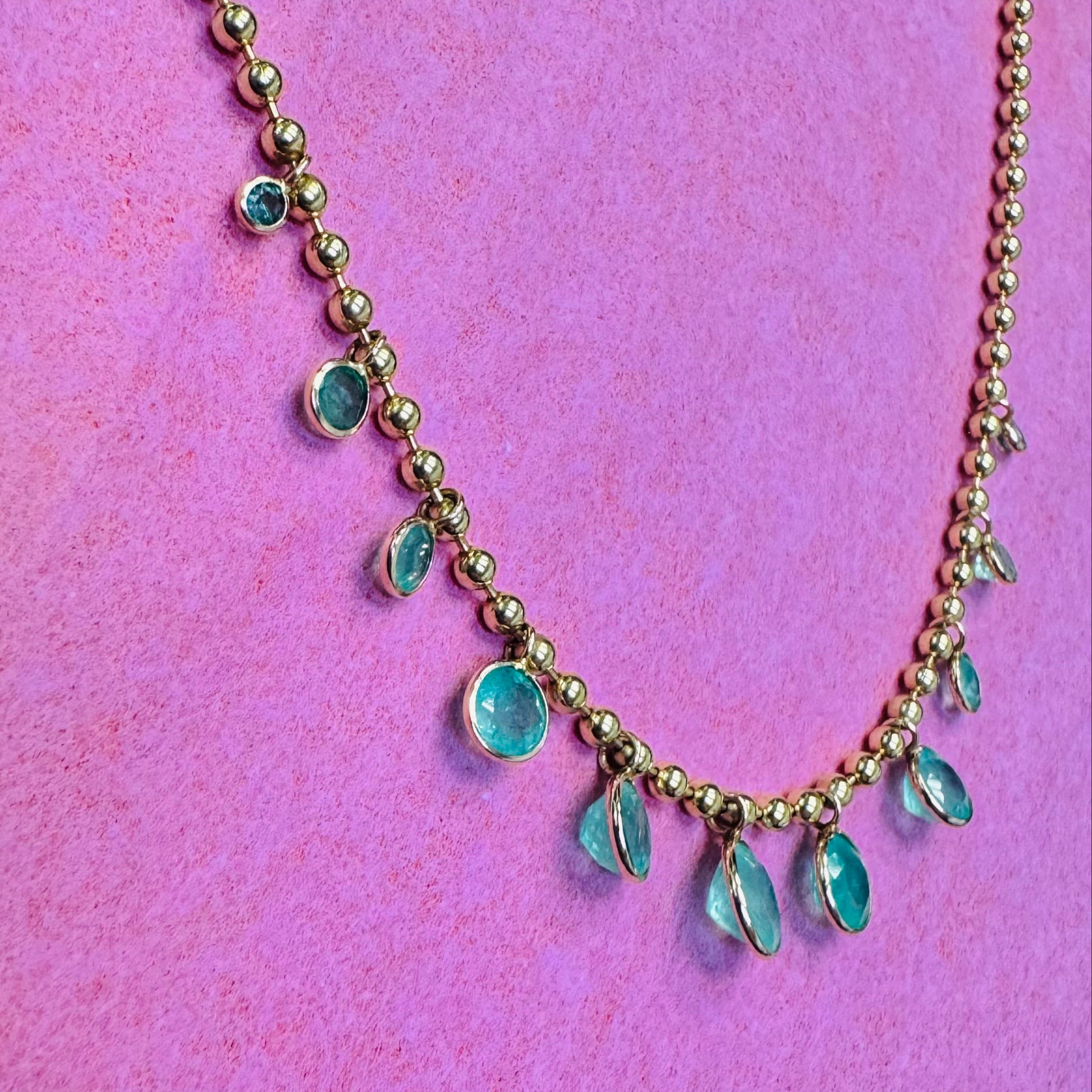 Graduated 4.8CTW Natural Round Colombian Emerald Dangle Necklace in Solid 14K Yellow Gold Ball Chain
