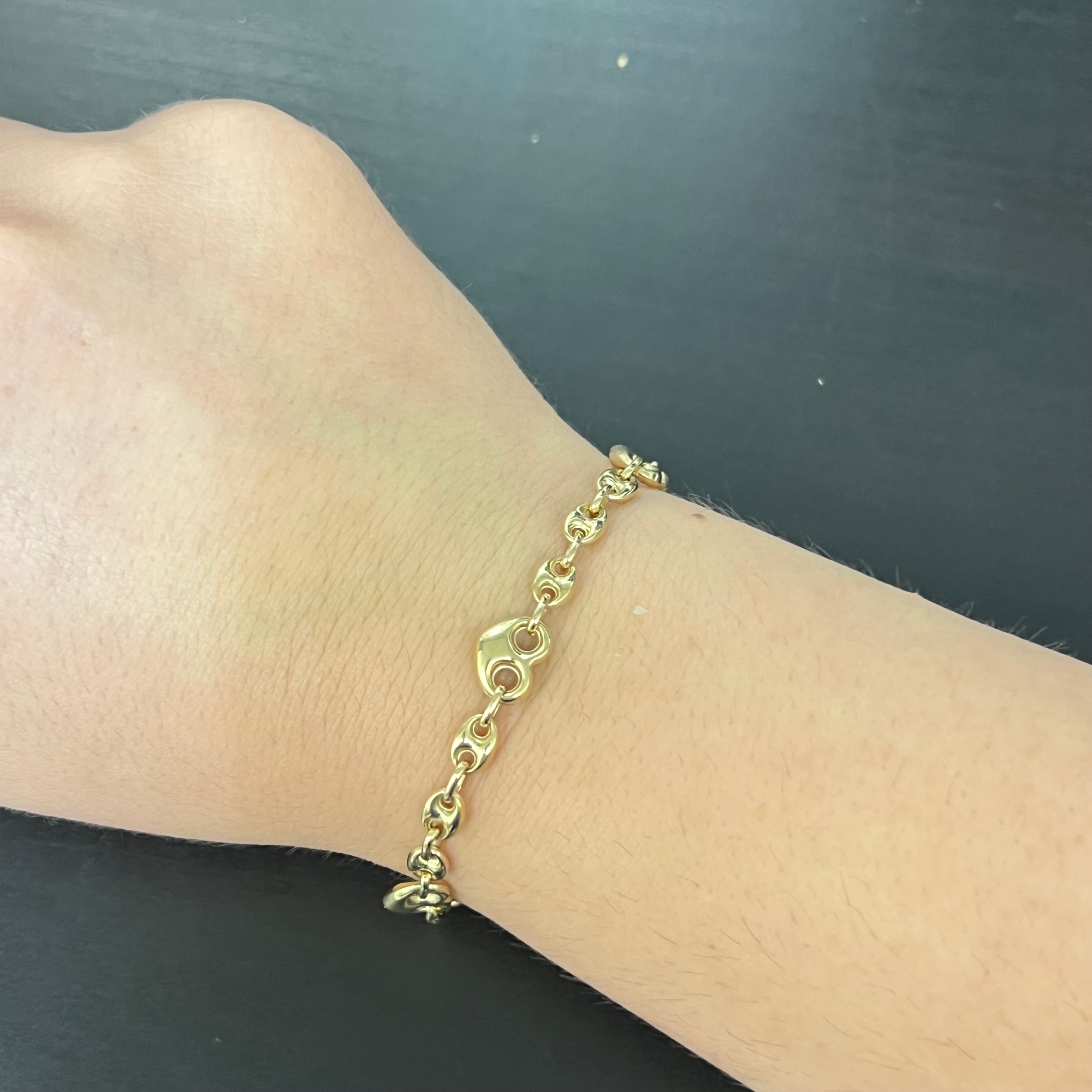 Puffy Heart 10K Yellow Gold Heart Link Bracelet