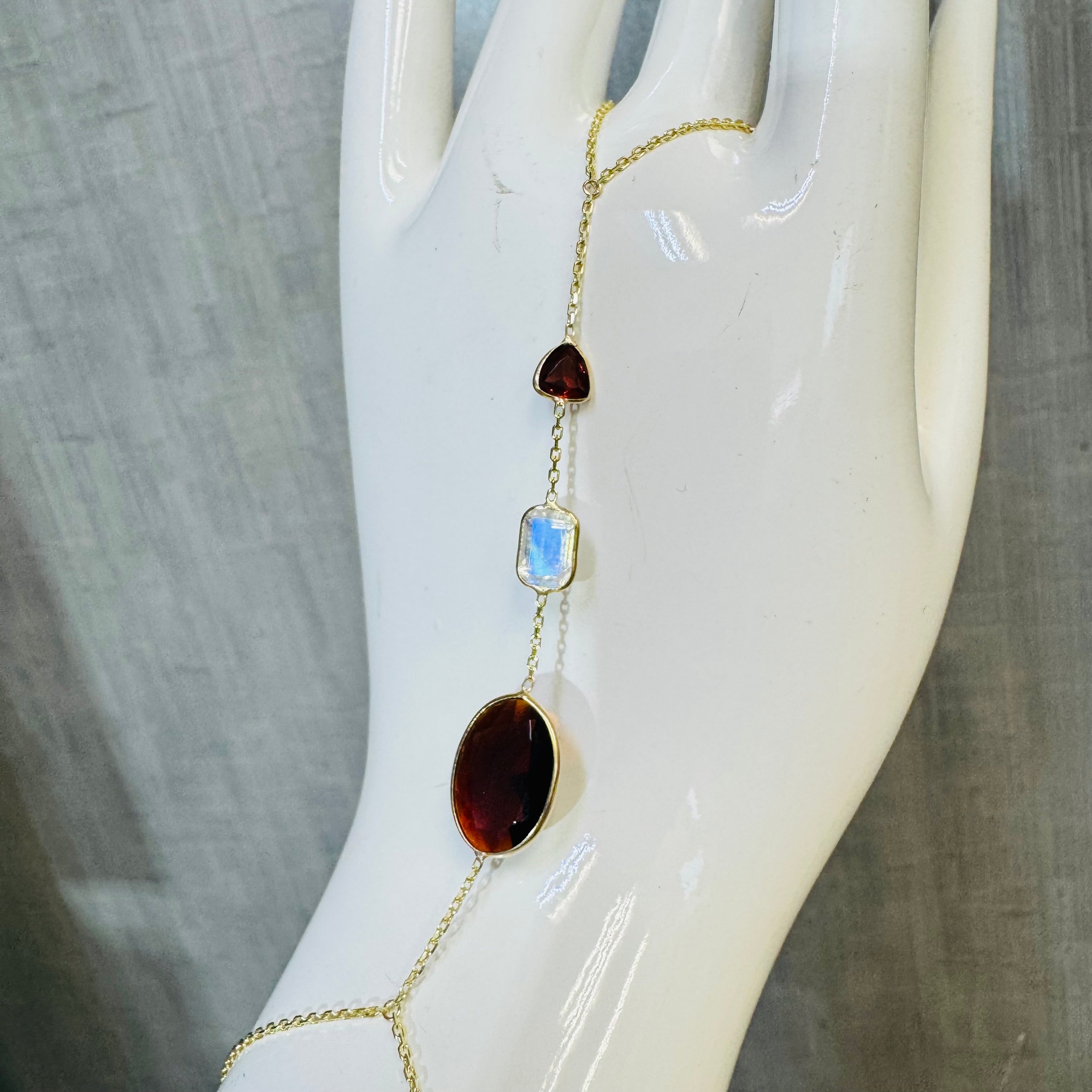 Moonstone Garnet 14K Yellow Gold Handchain