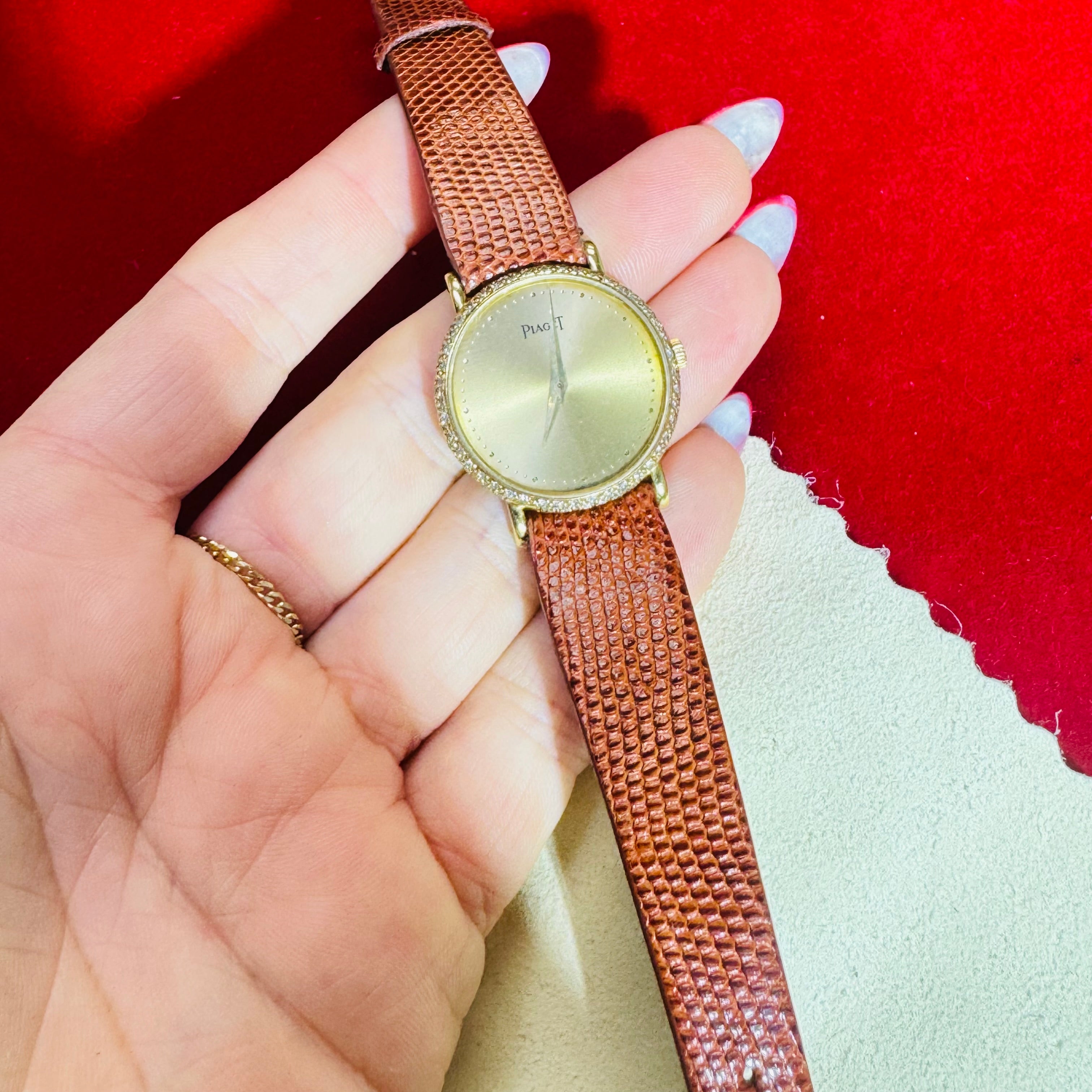 25mm 18K Yellow Gold Diamond Bezel Piaget with Leather Strap