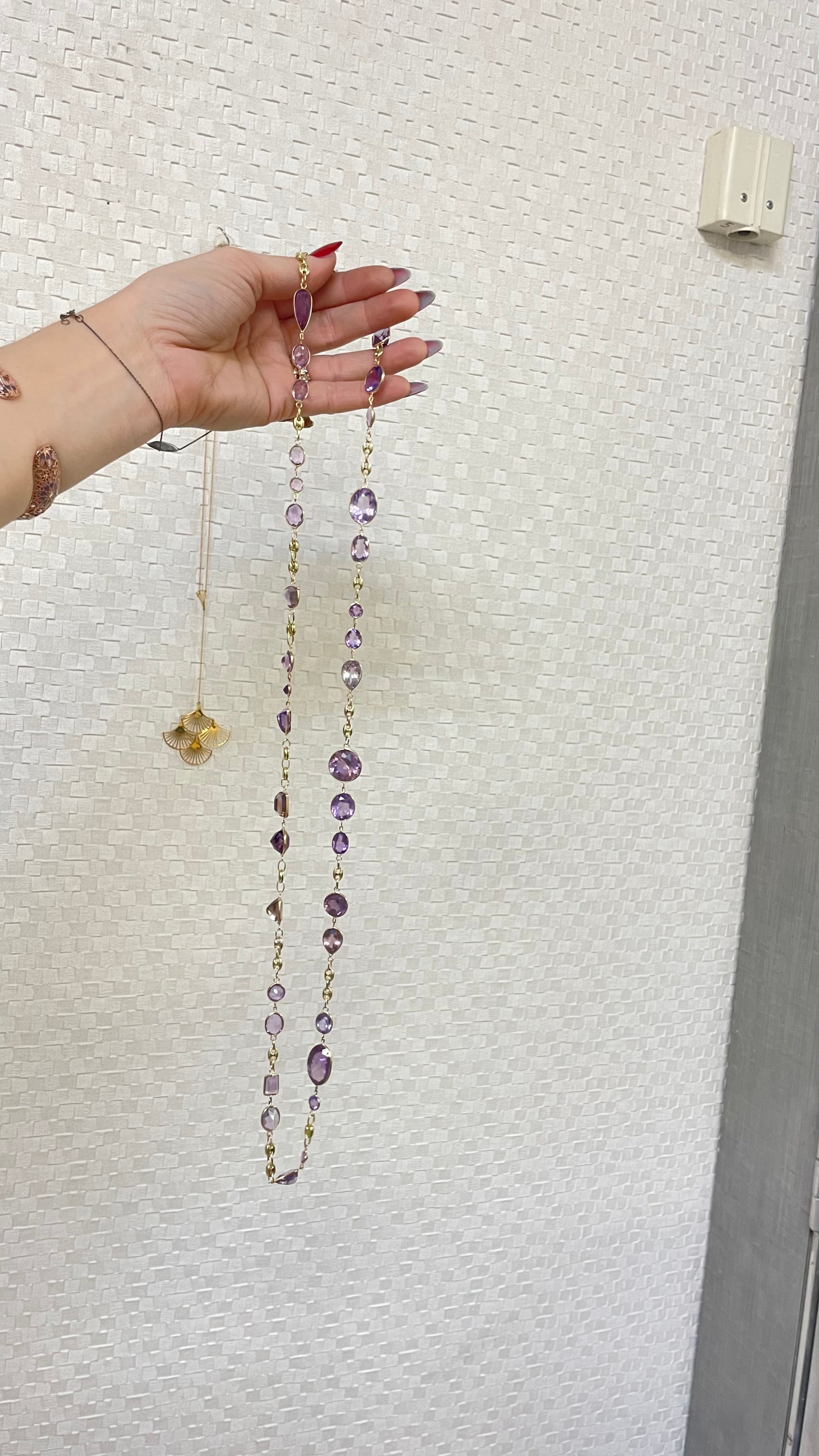 36" Long Solid 14K Yellow Gold 104CT Natural Multi Shape Amethyst Long Gemstone
