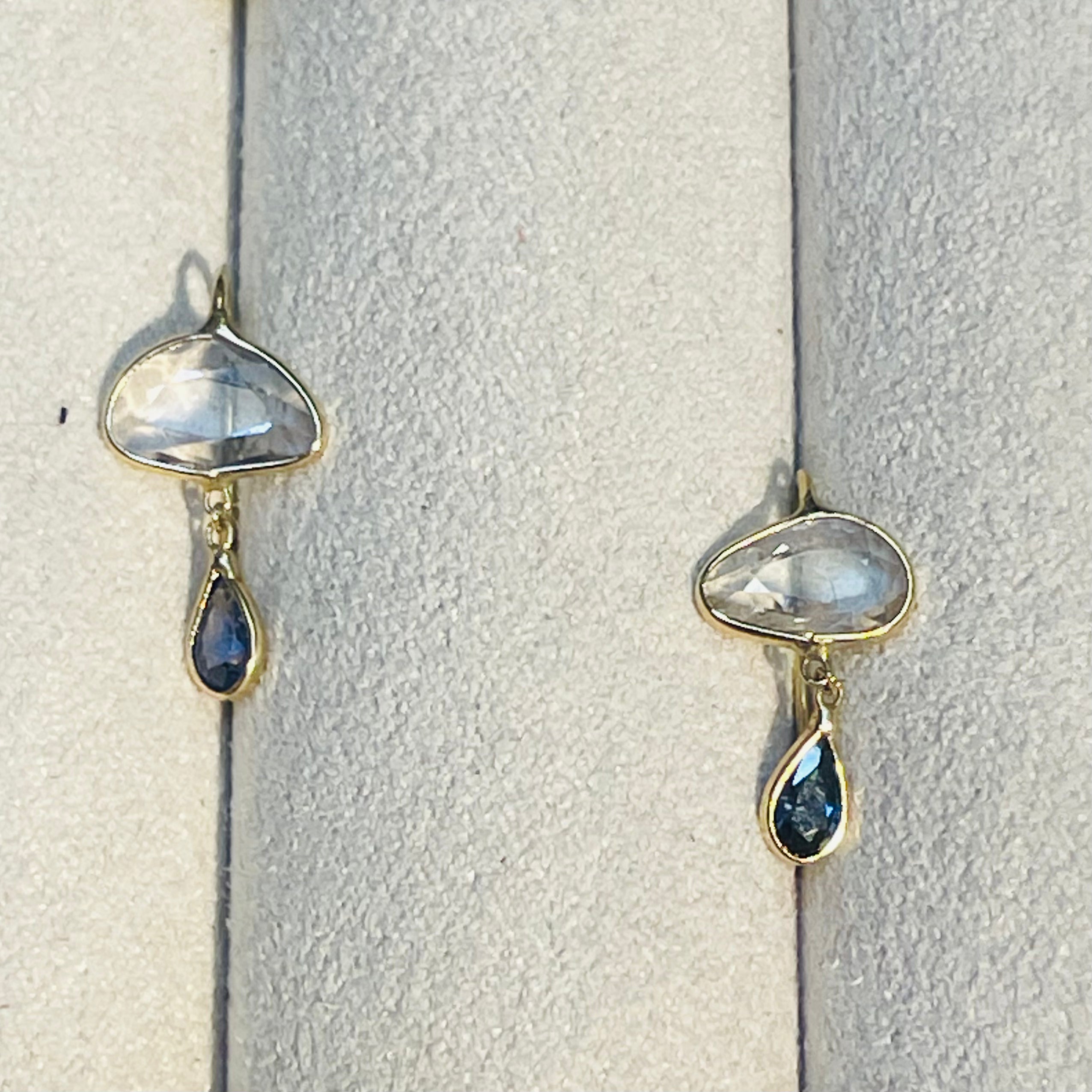 White and Blue Sapphire Rain Cloud 14K Yellow Gold Drop Earrings