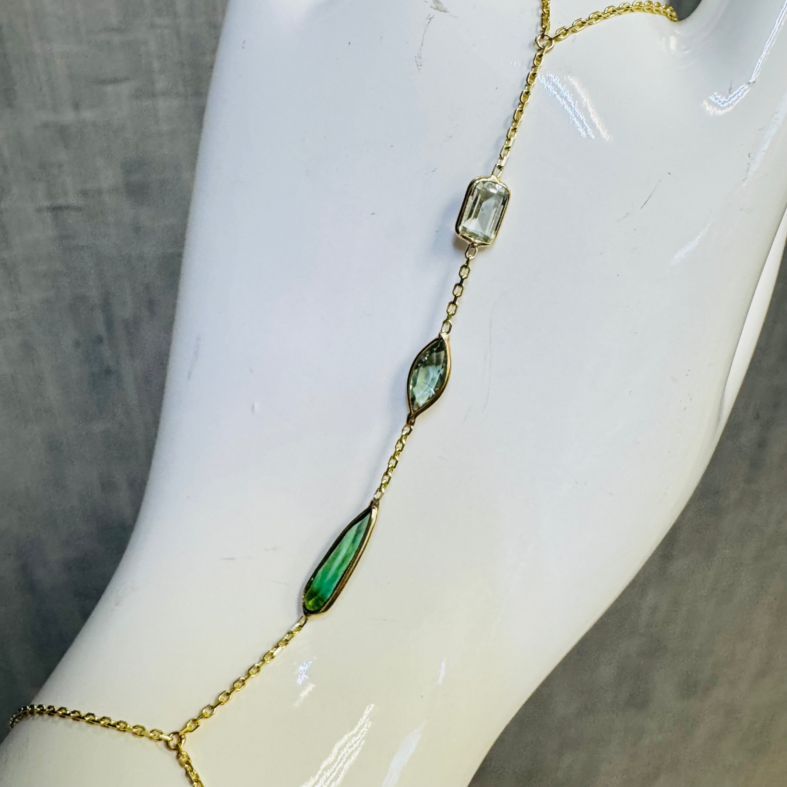 14K Yellow Gold Multi Ombre Green Tourmaline Handchain