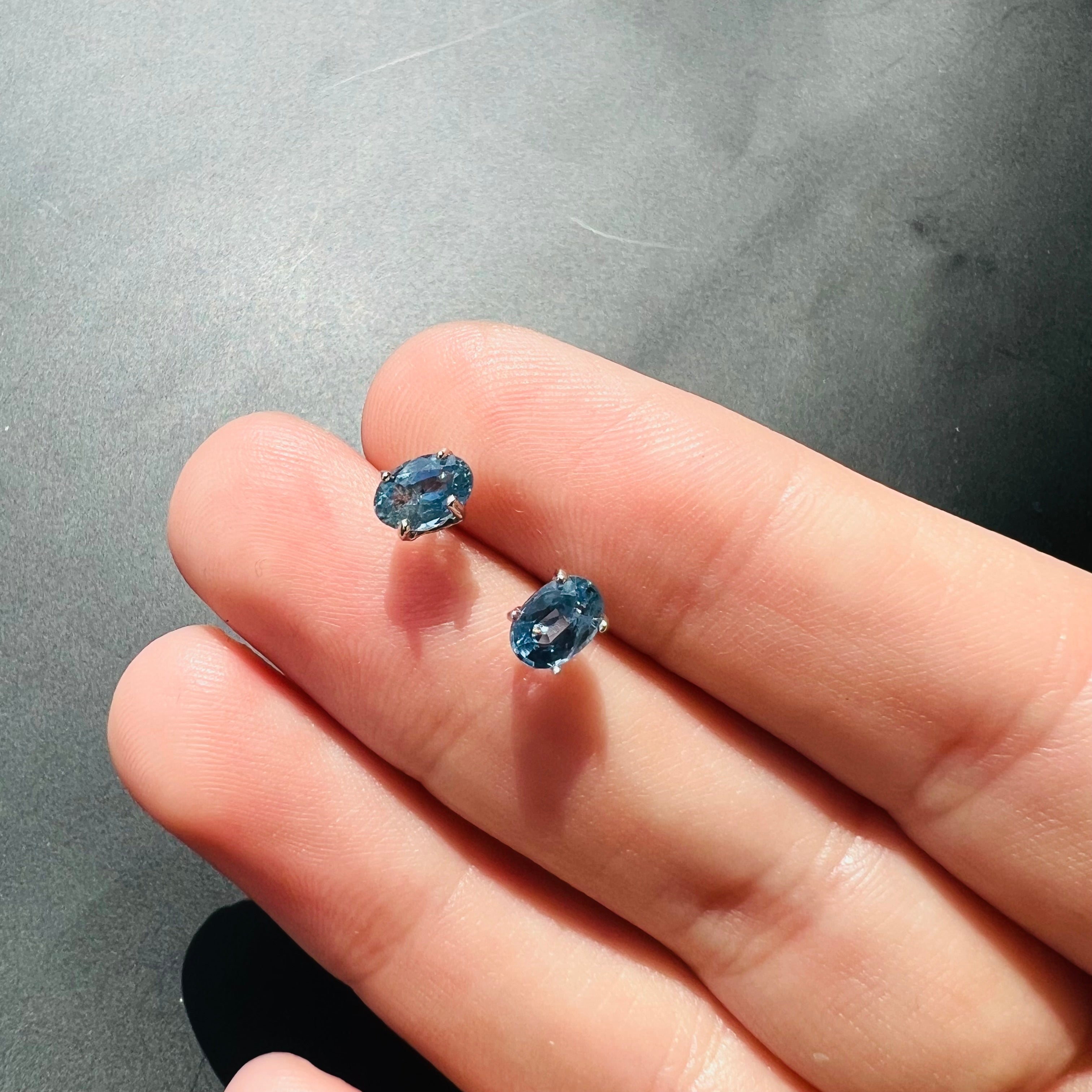 14K White Gold Blue Sapphire Oval Stud Earrings