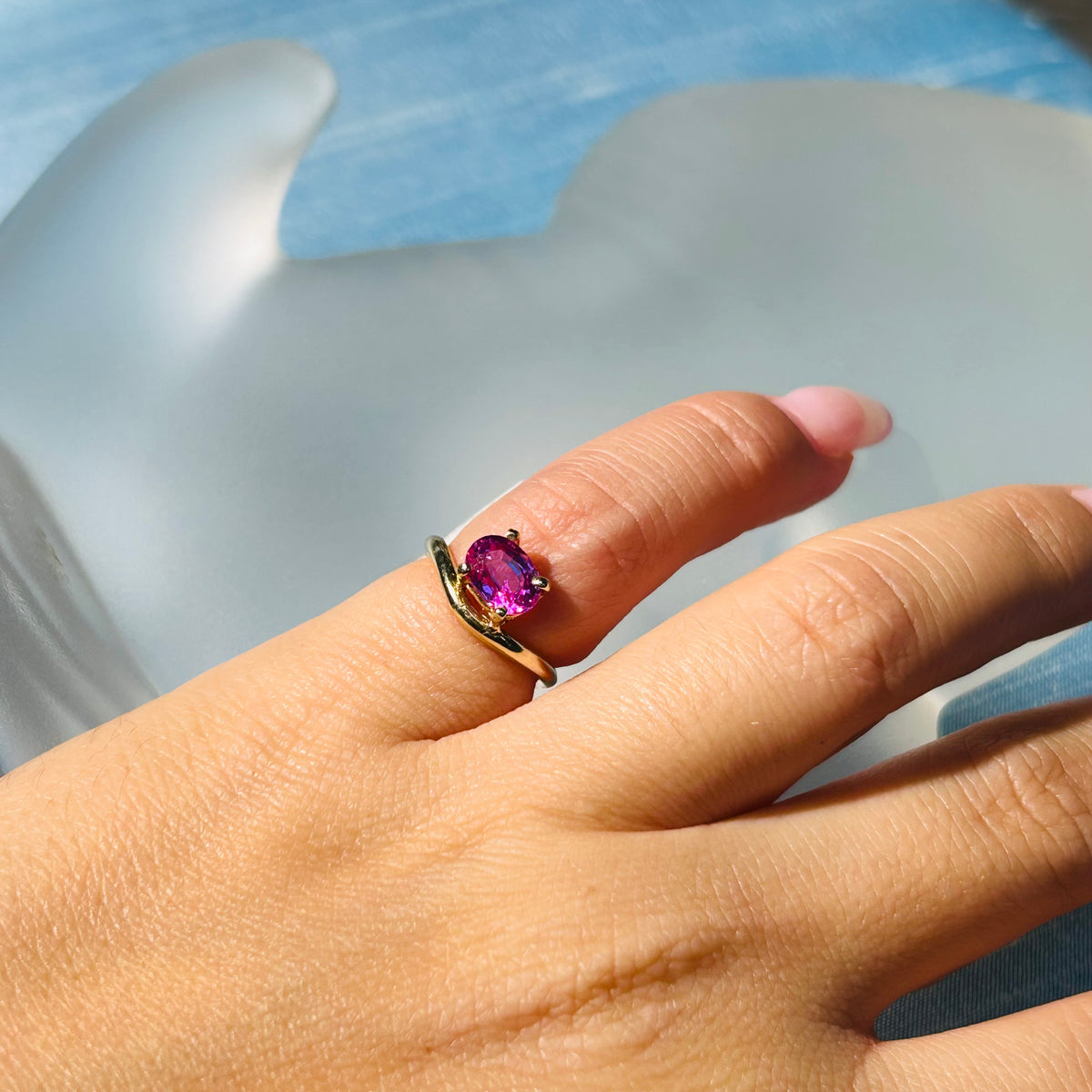 14k Yellow Gold Pink Sapphire Wavy Pinky Ring Size 2