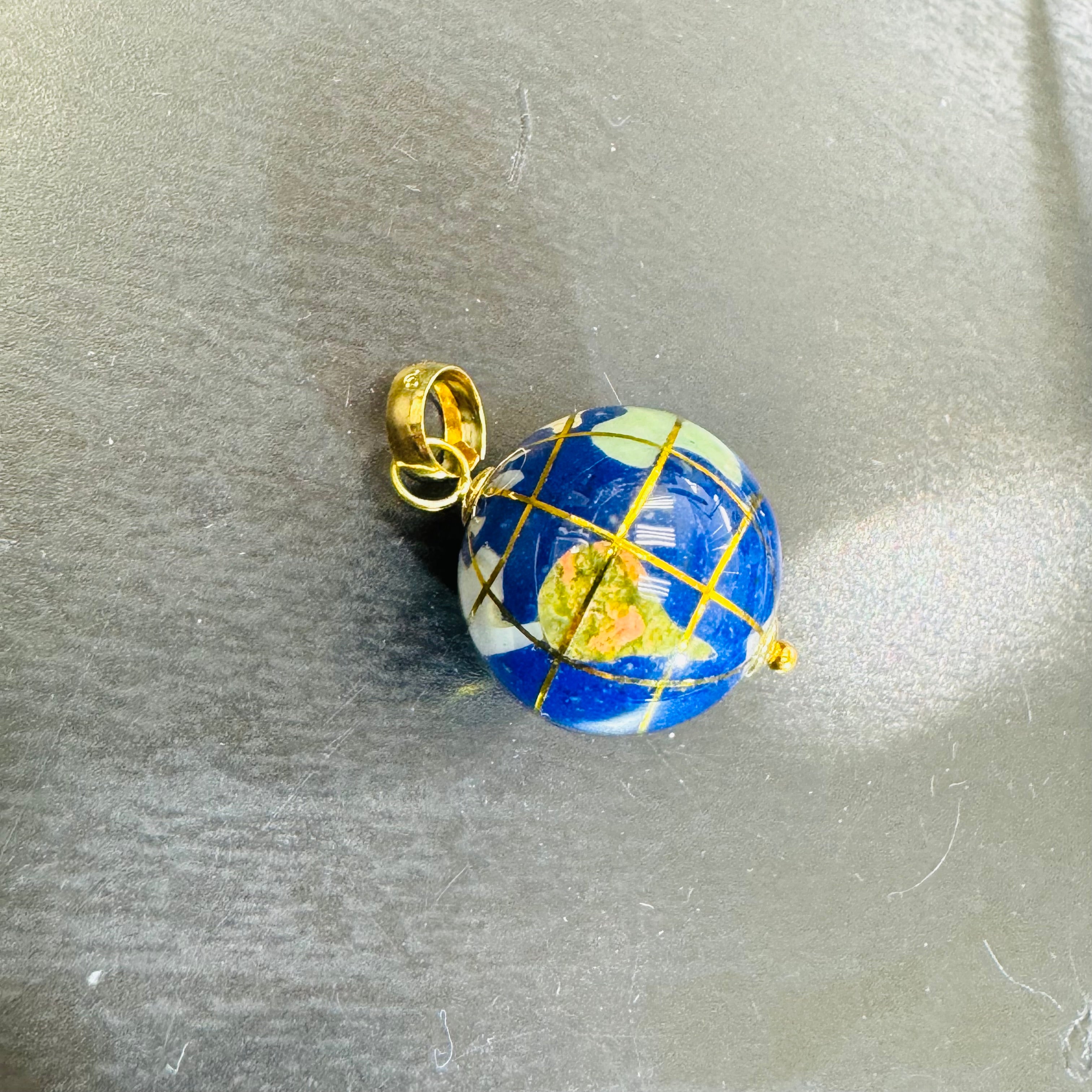 14K Yellow Gold Lapis And Gemstone Inlay Globe Charm Pendant 15mm