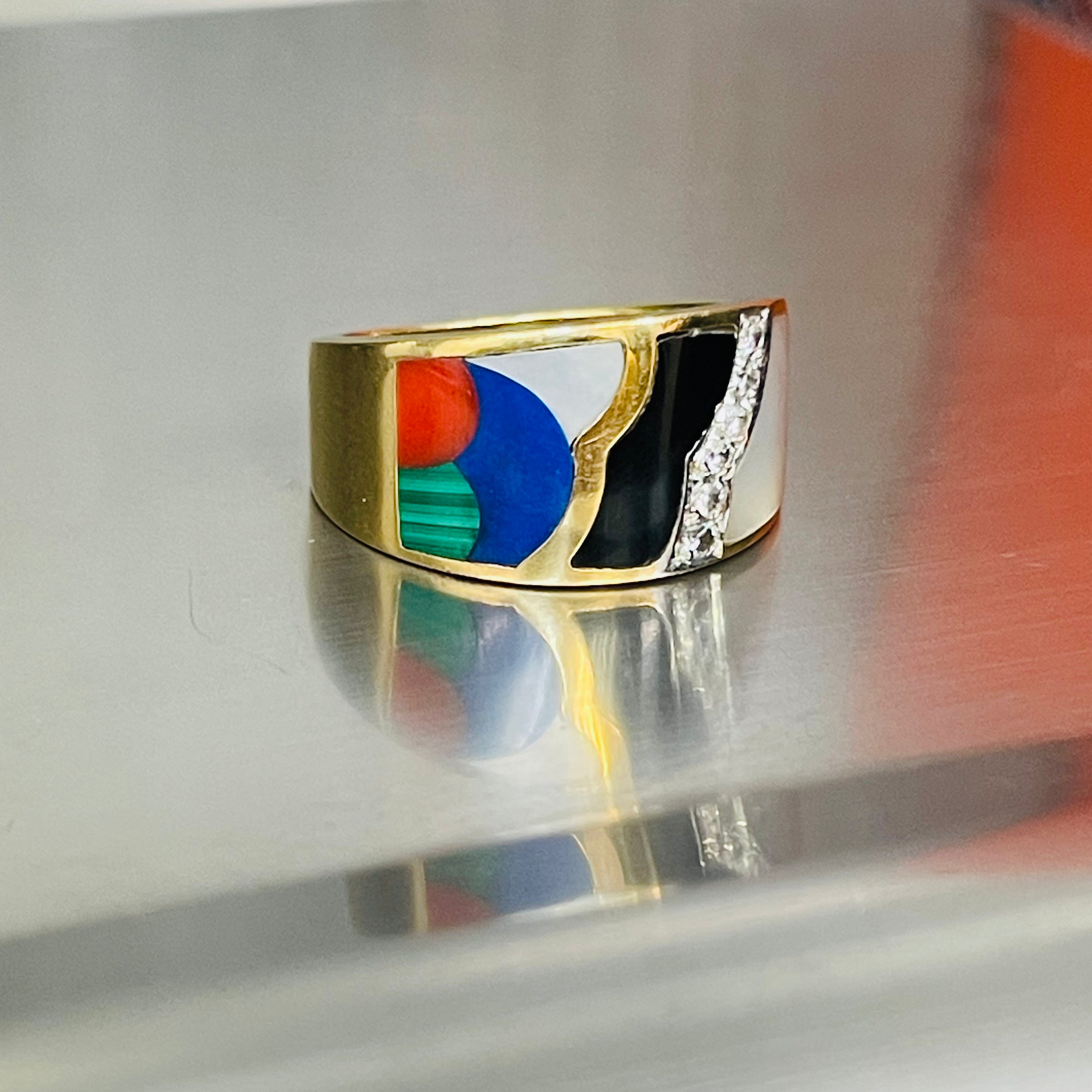 Designer Asch Grossbardt 14K Yellow Gold Diamond and Gemstone Inly Cigar Band Ri