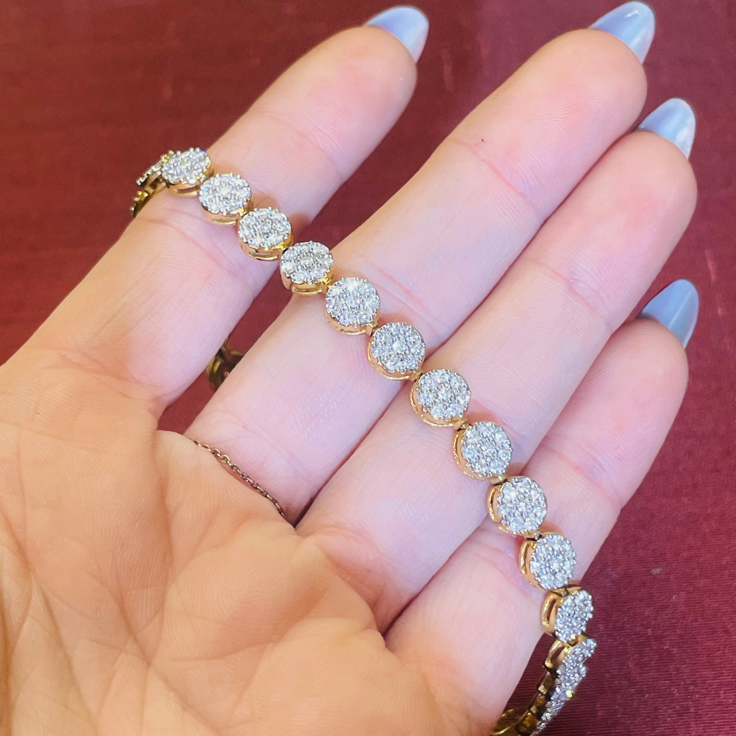 10K Yellow Gold 2.5CT Diamond Round Cluster Tennis Bracelet 8”
