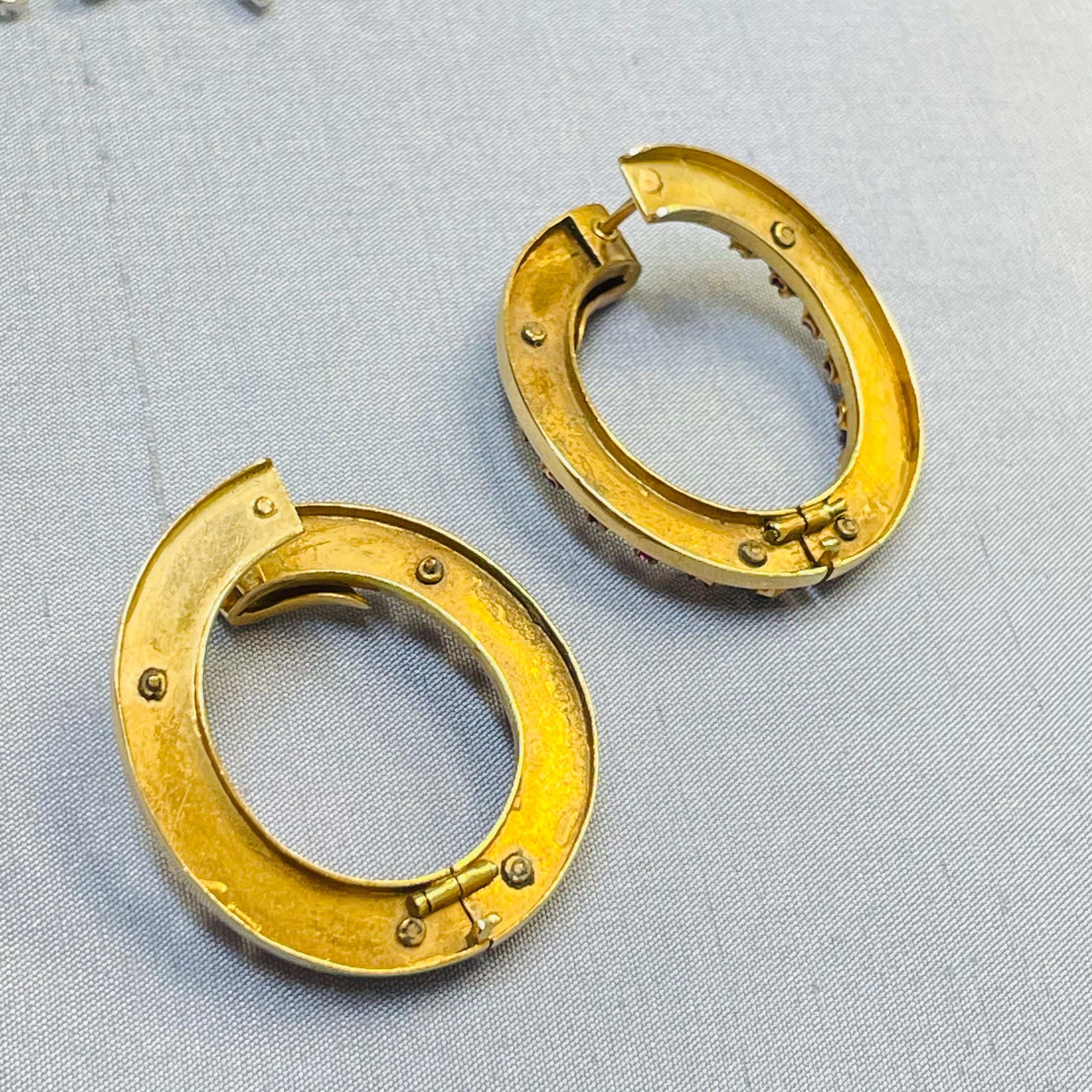 Amazing Natural Burma Ruby Cabochon Antique Victorian Hinged Hoop Earrings