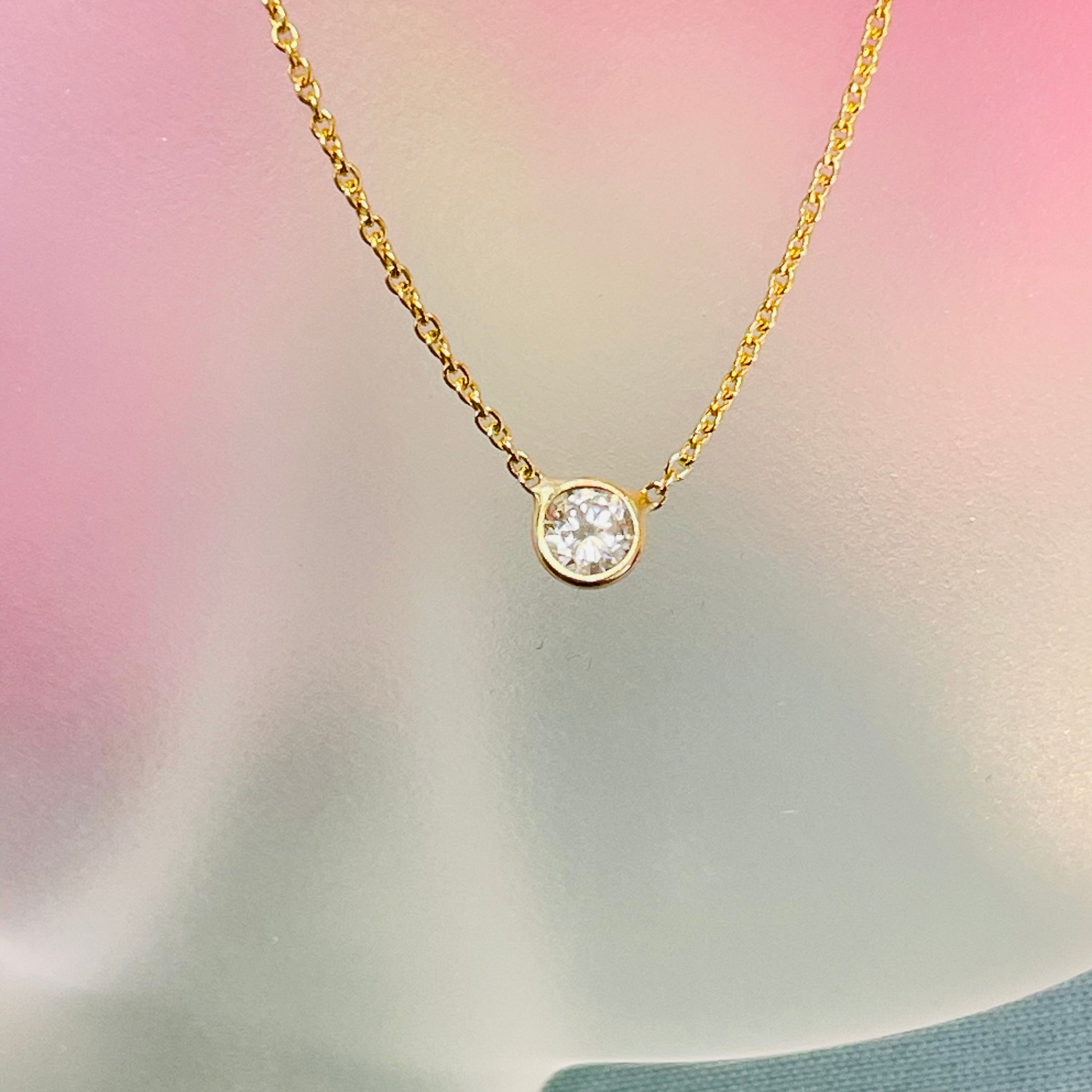.15CT Natural Round Diamond 14K Yellow Gold Solitaire Necklace 18”