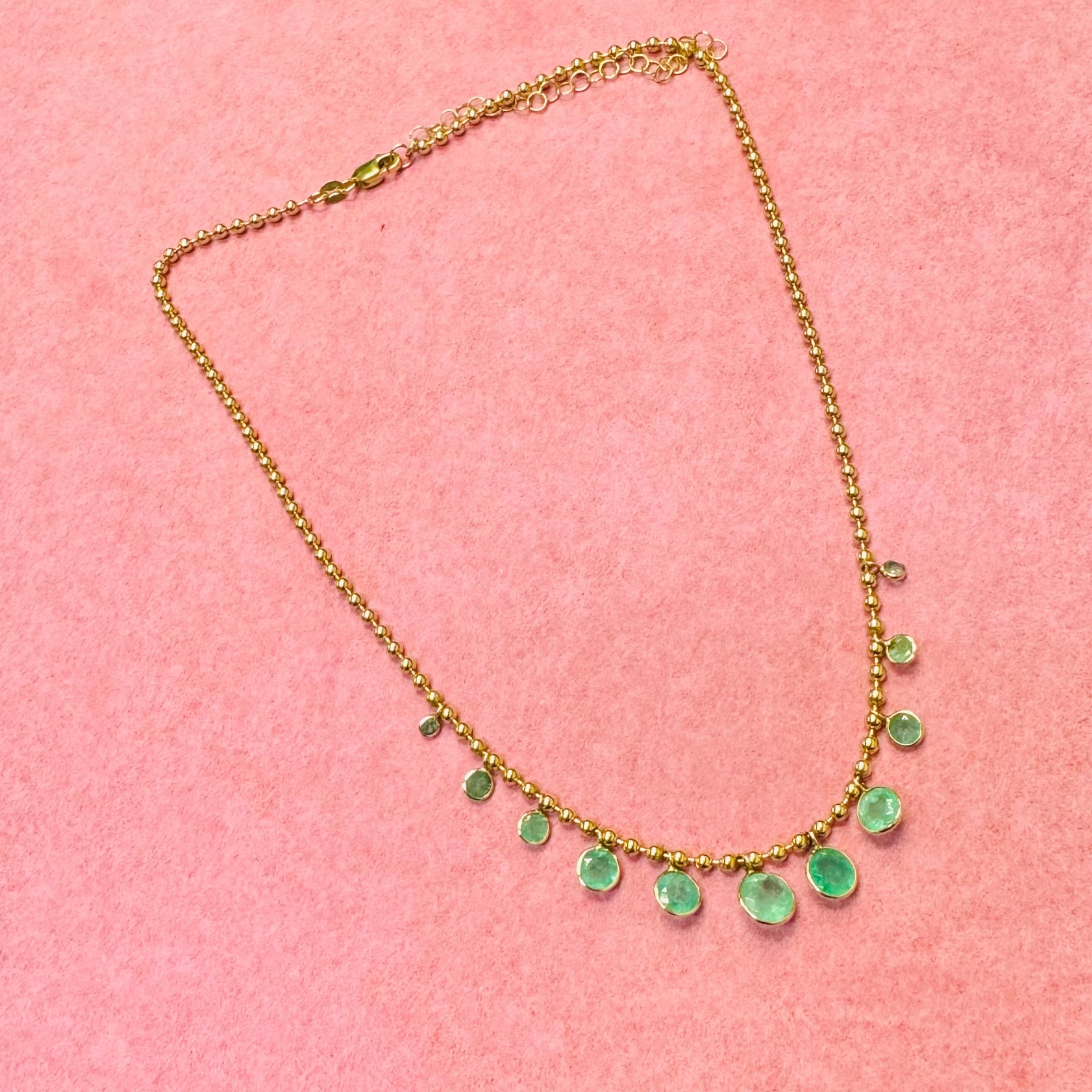 Graduated 4.8CTW Natural Round Colombian Emerald Dangle Necklace in Solid 14K Yellow Gold Ball Chain