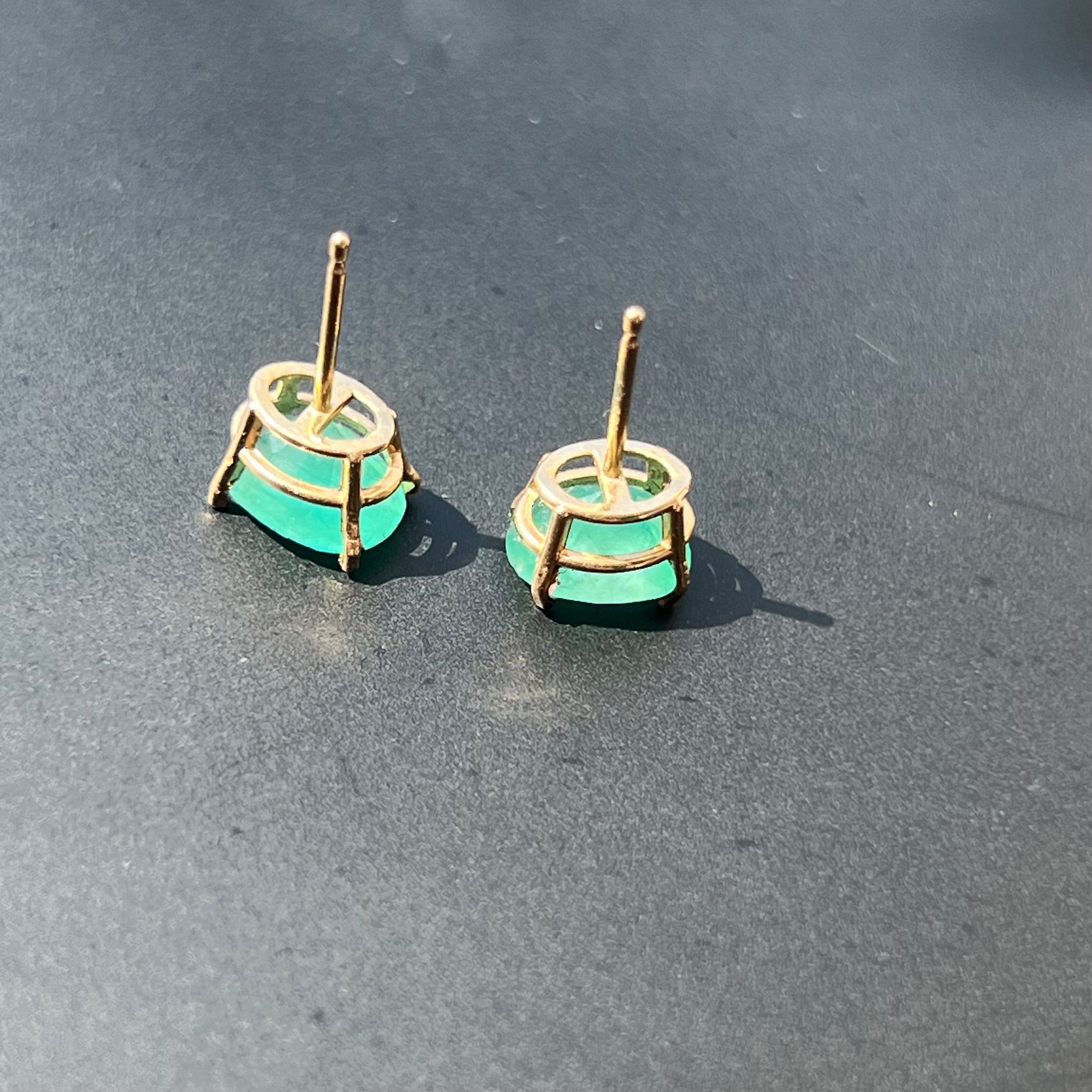 14K Yellow Gold Colombian Emerald Oval Stud Earrings