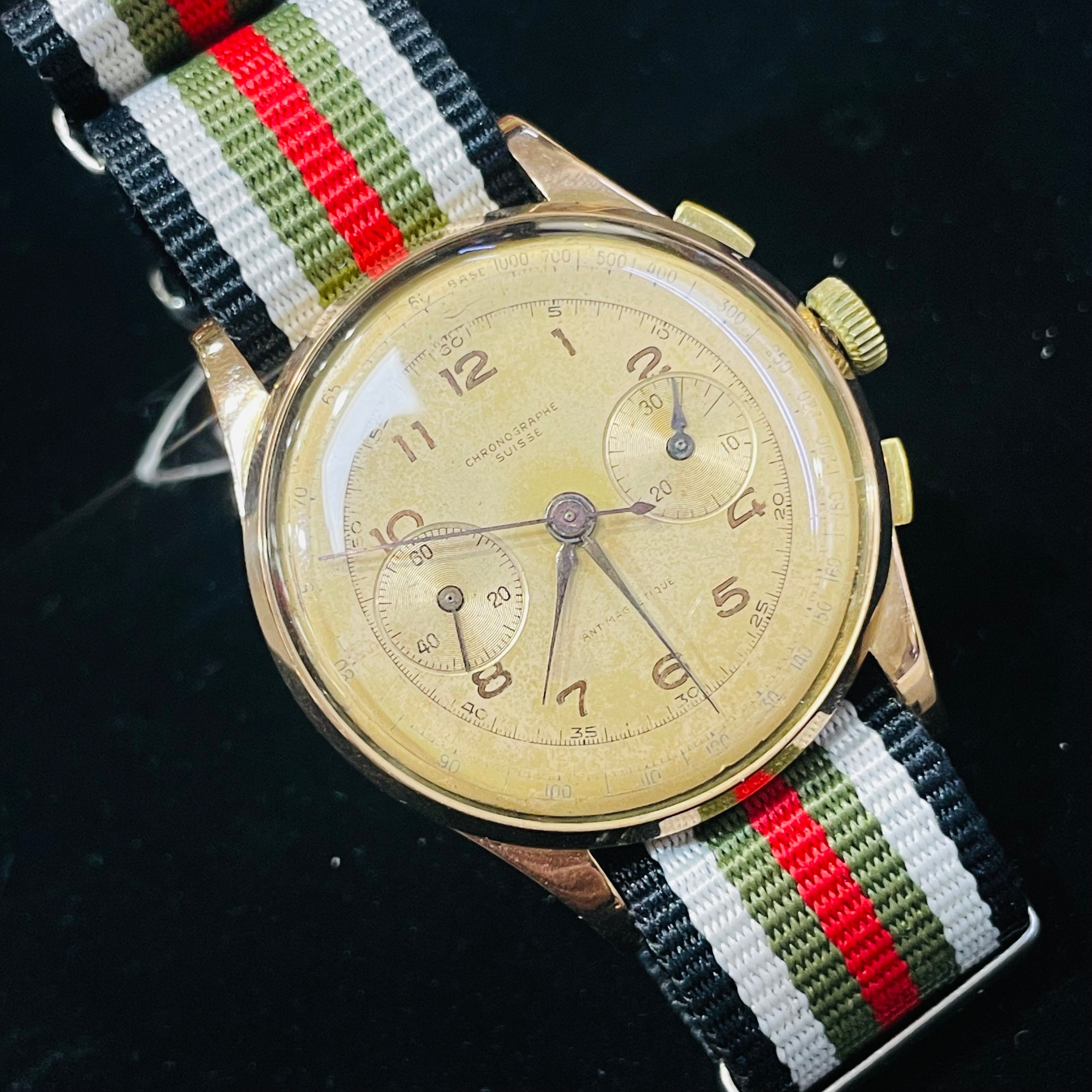 37mm Solid 18K Rose Gold Azur Chronographe Suisse Watch Bubble Back
