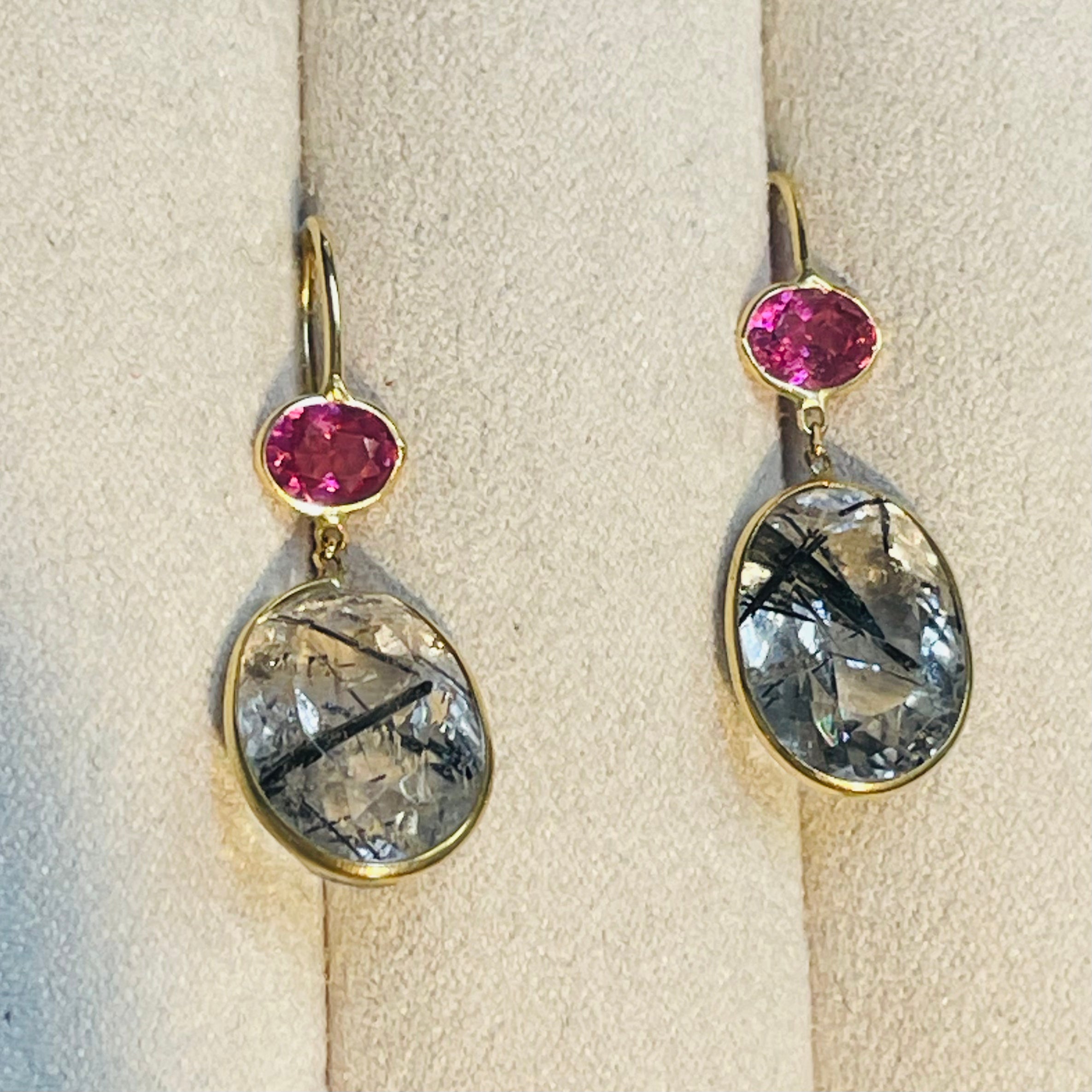 Tourmaline and Rutilated Quartz 14K Yellow Gold Drop Earrings