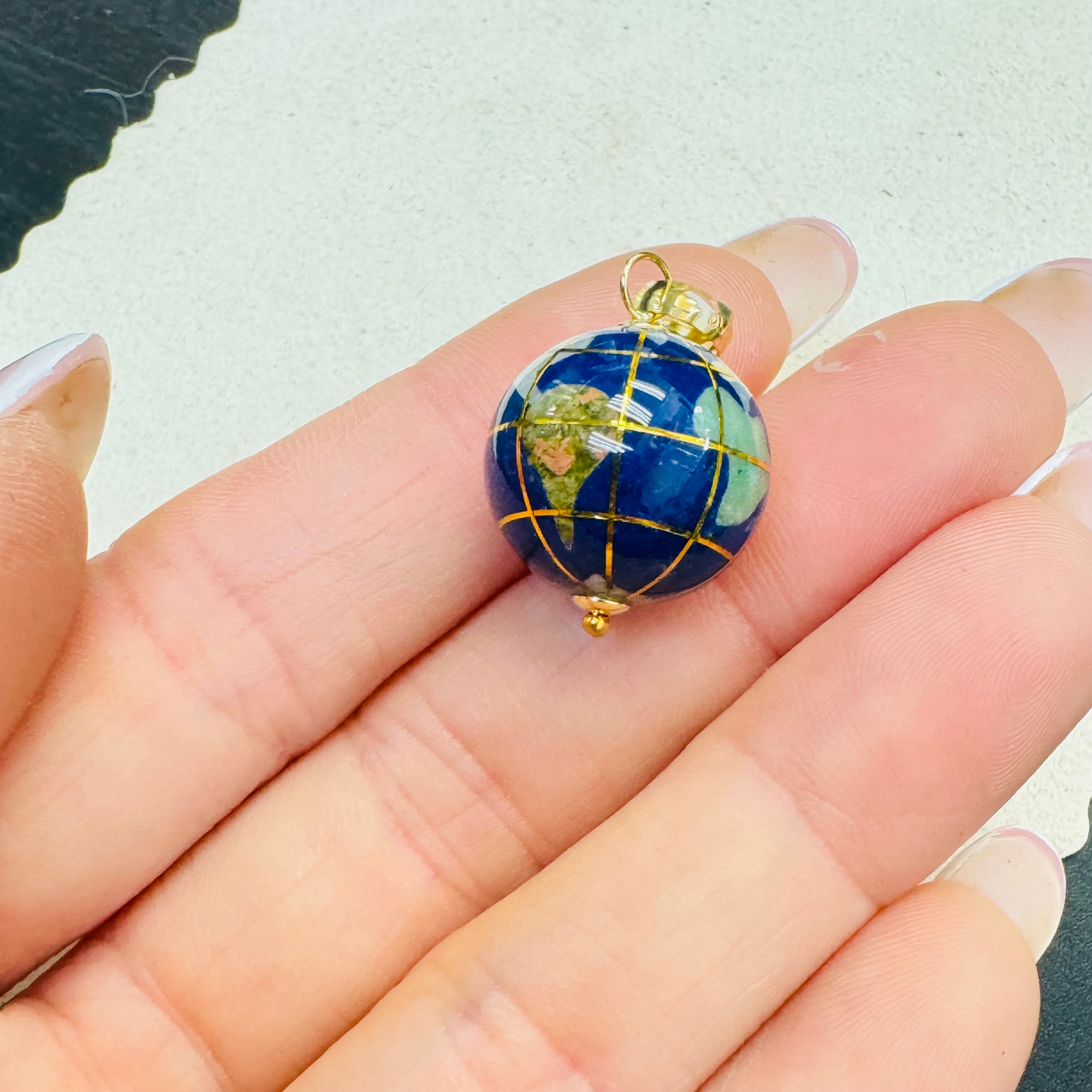 14K Yellow Gold Lapis And Gemstone Inlay Globe Charm Pendant 15mm