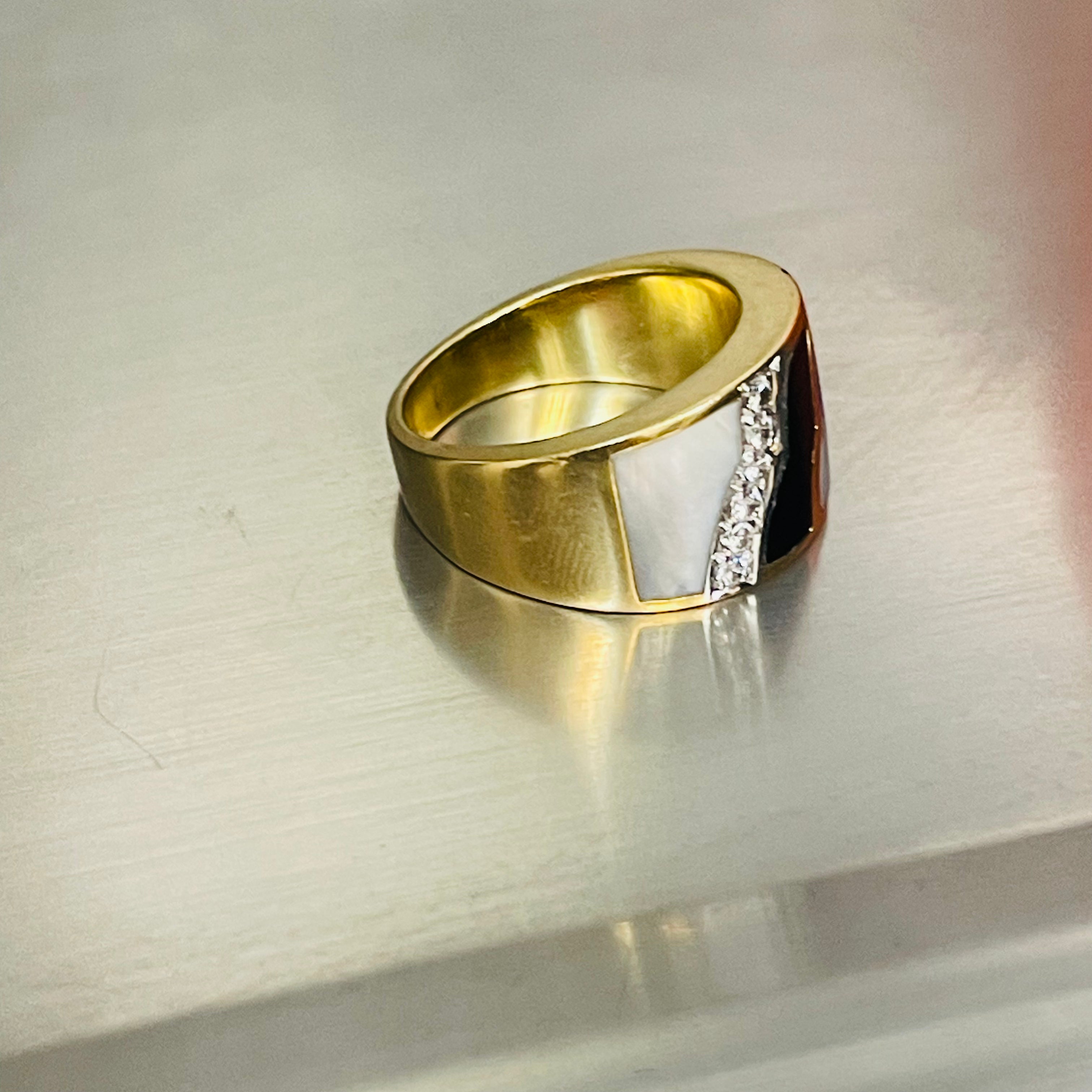 Designer Asch Grossbardt 14K Yellow Gold Diamond and Gemstone Inly Cigar Band Ri
