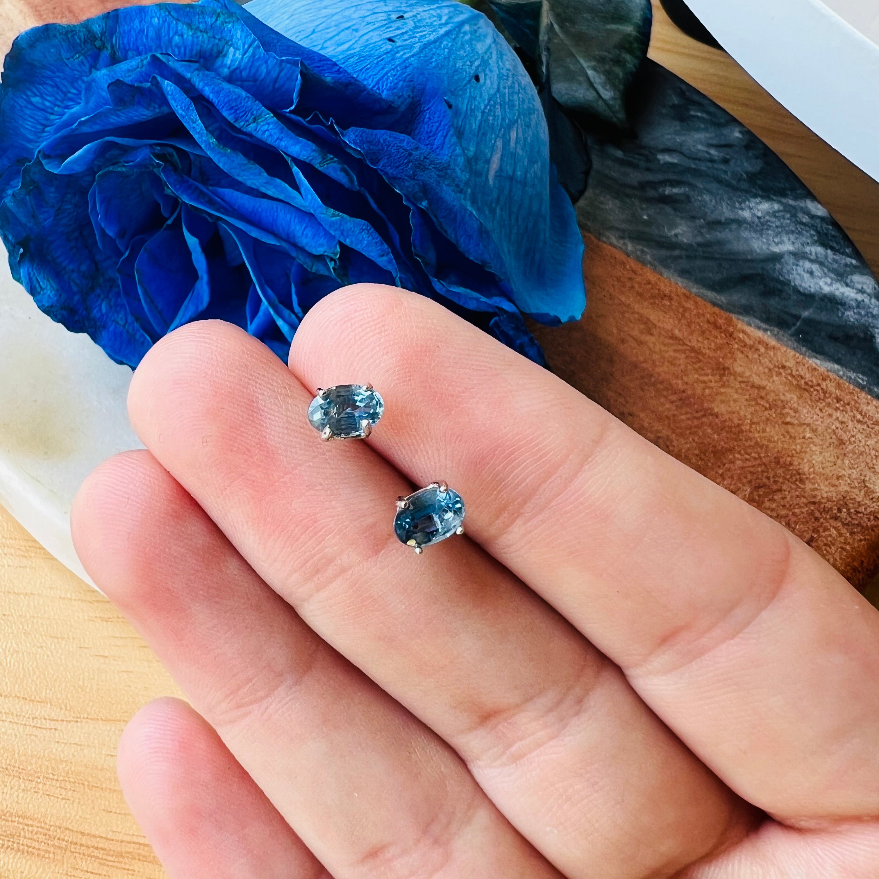 14K White Gold Blue Sapphire Oval Stud Earrings