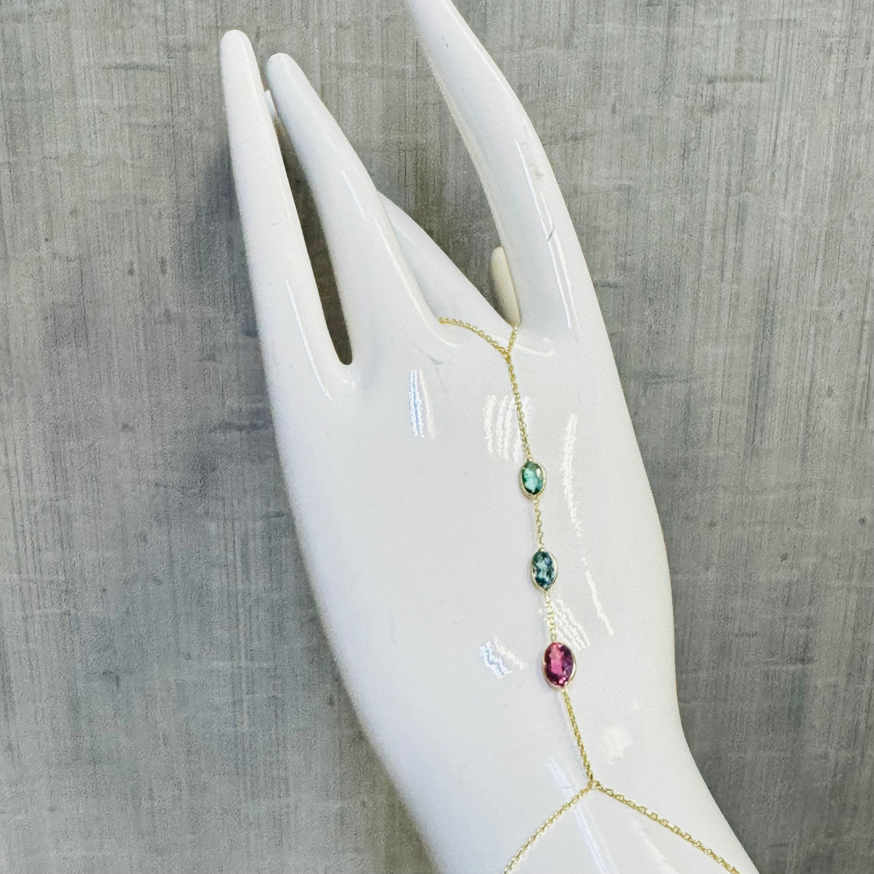 14K Yellow Gold Multi Green and Pink Tourmaline Handchain