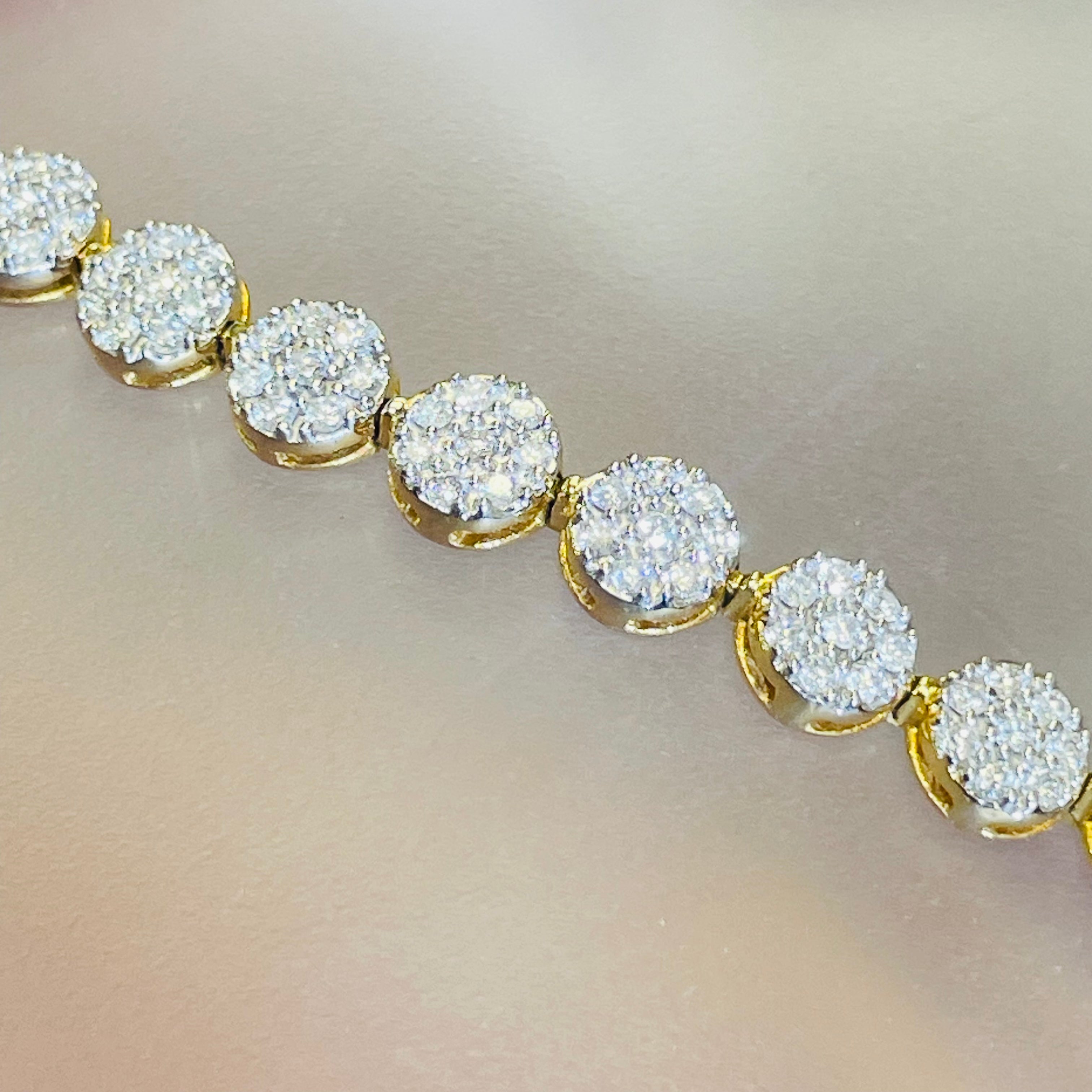 10K Yellow Gold 2.5CT Diamond Round Cluster Tennis Bracelet 8”