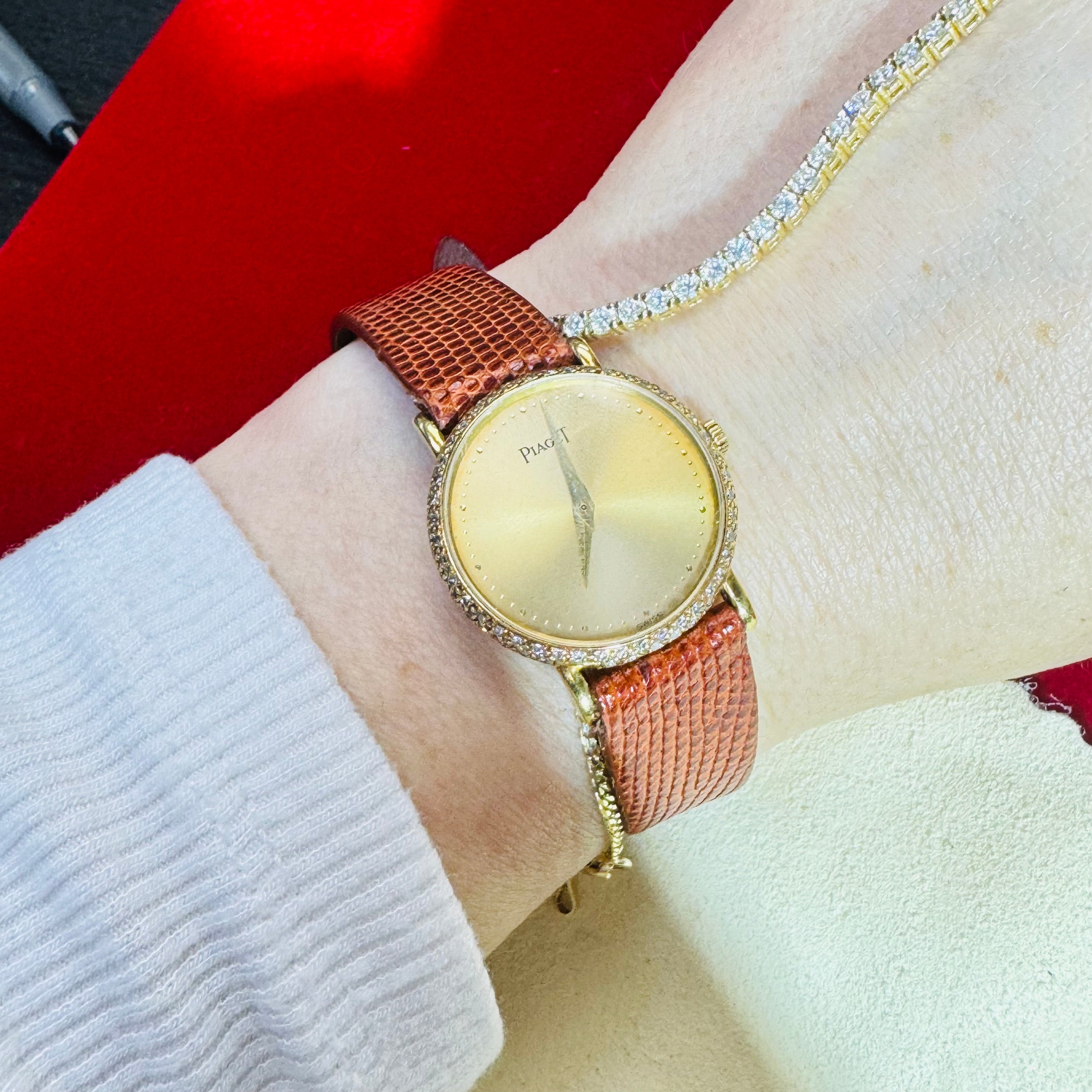 25mm 18K Yellow Gold Diamond Bezel Piaget with Leather Strap