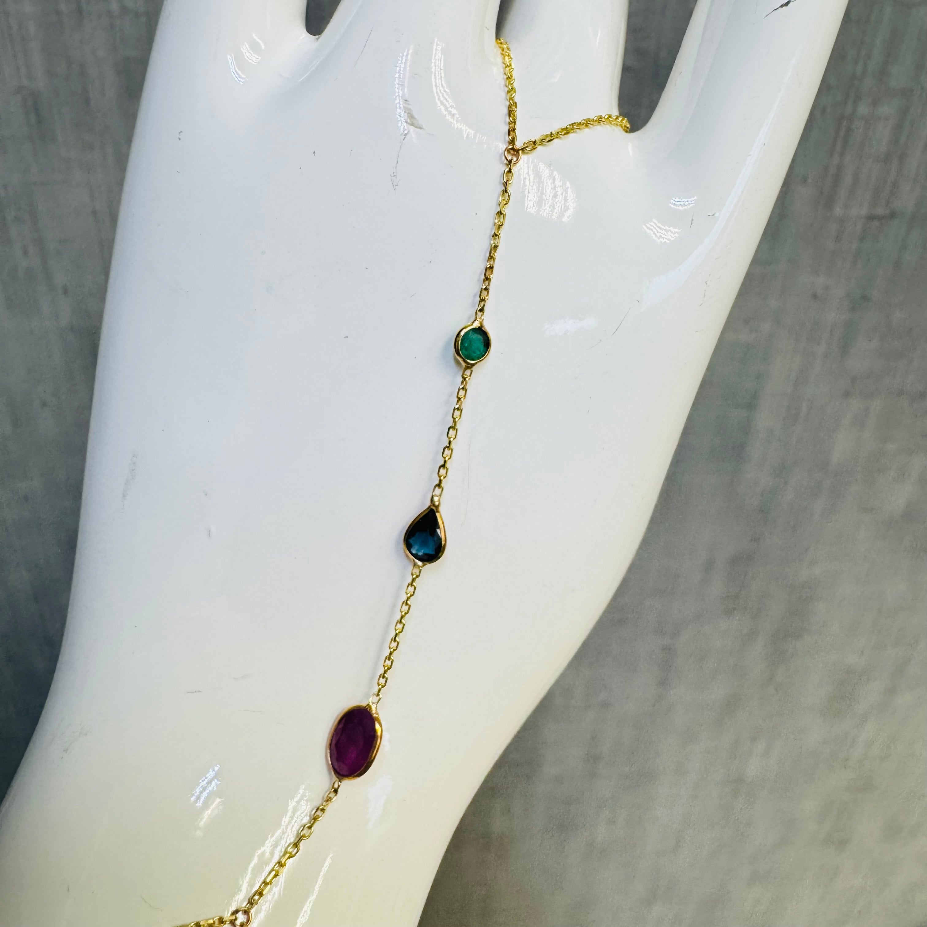14K Yellow Gold Emerald Ruby Sapphire Handchain