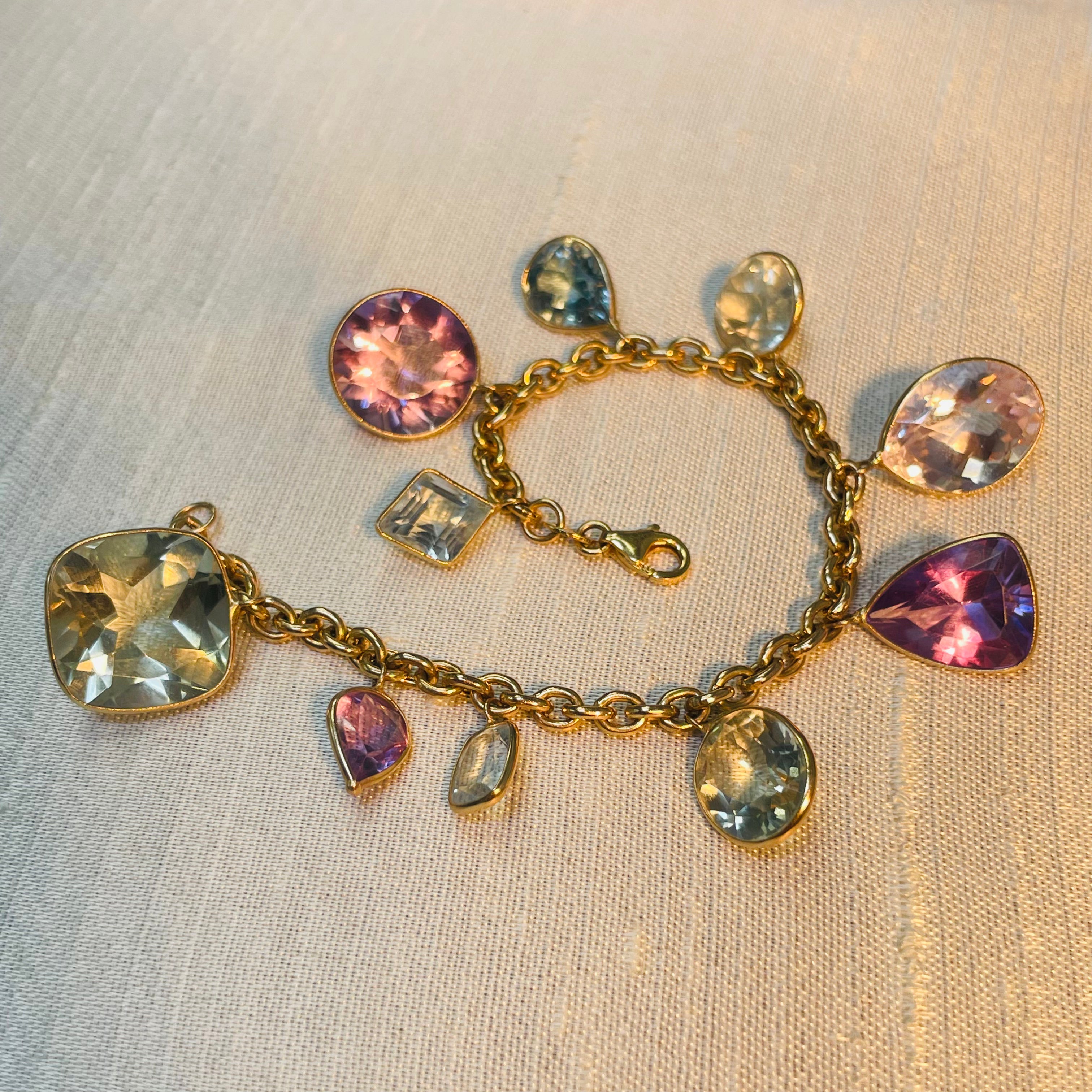 Therapeutic Pastel Natural Gem Charm 14K Yellow Gold Charm Bracelet 6.75"